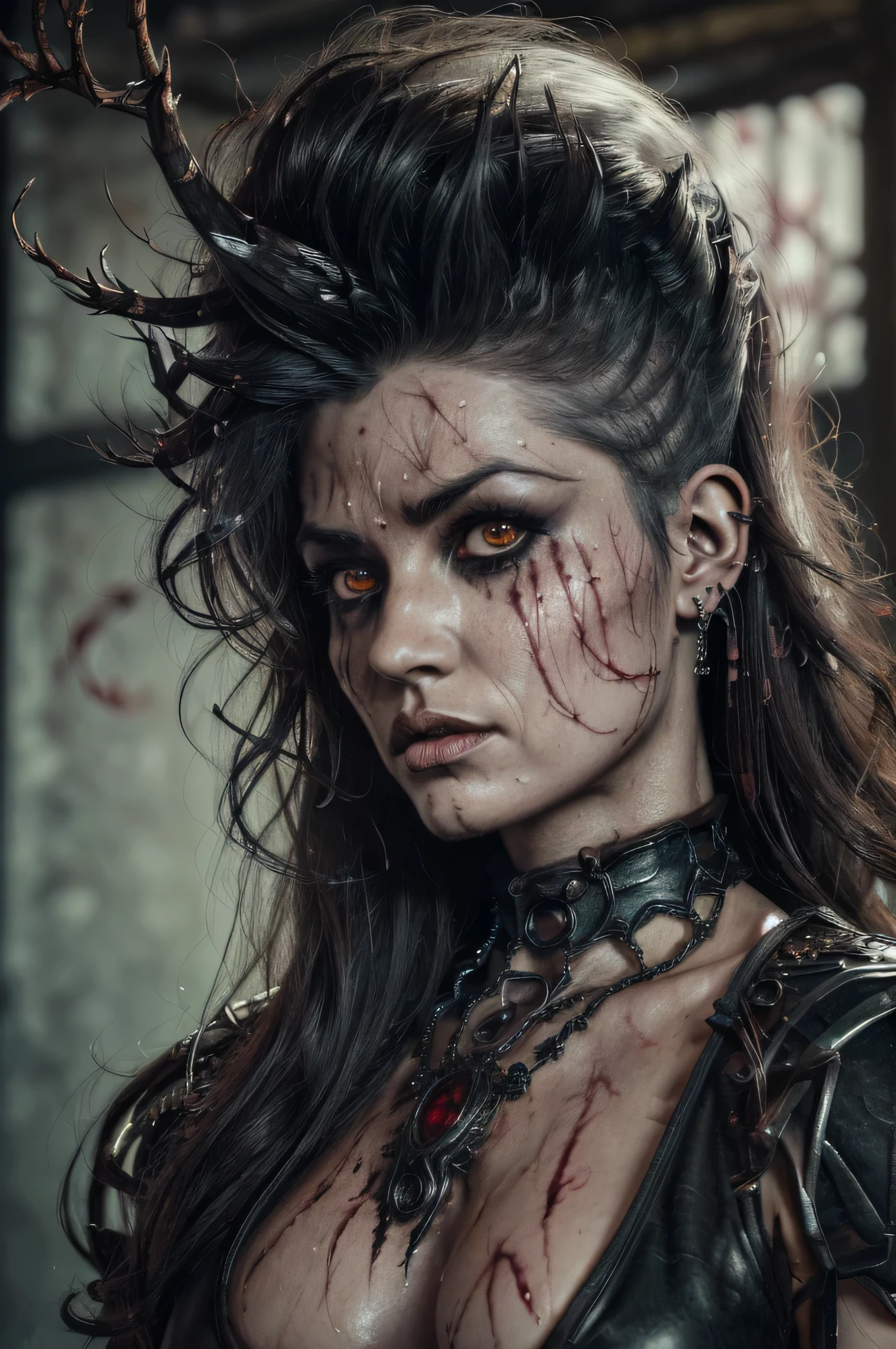 create a stunningly beautiful striking amazing intricate highly detailed poster, capturing the essence of a beautiful but evil eerie creepy theme, (((imagine a female rising from a high quality detailed pool drenched in blood splatter, long unruly wild hair, head and face tilted backwards, blood splattering off her hair, facing looking upwards towards the light, in an action pose, muscular, that embodies the essence of the power of darkness, exuding a (((ultra realistic fantasy style theme aesthetic))) brightly lit, well lit, vivid lighting, pixel art, ultra realistic surrealism, very detailed photo realistic striking big eyes, with ethereal long wave wild unruly flowing hair, hybrid creature with human-like characteristics with dazzlingly detailed features and a striking beauty in the art style of luis royo