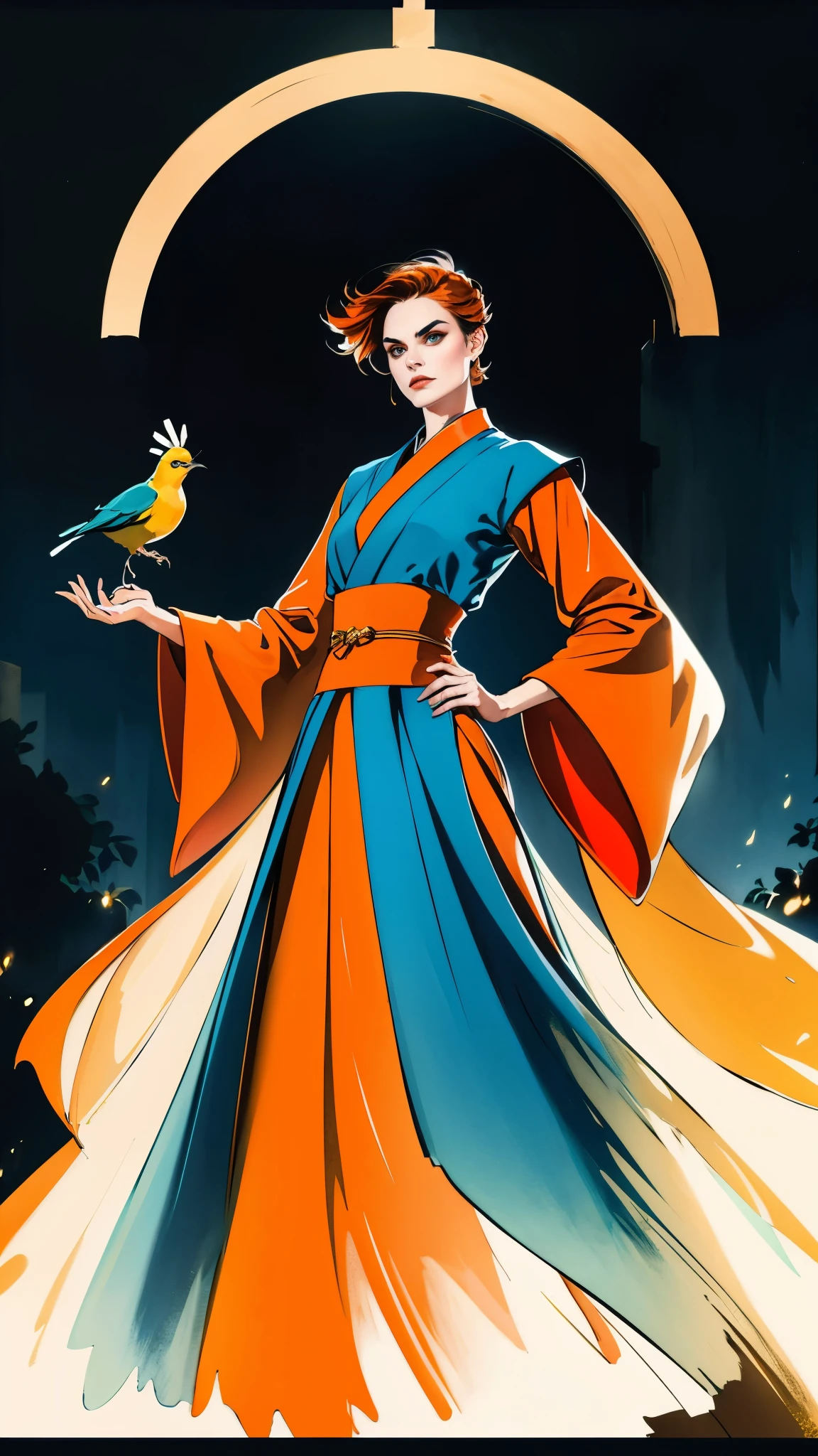 ((A woman with tousled vibrant red short hair, side-swept bangs, sharply arched eyebrows, sharp upward-arched thick eyebrows, sharp gaze, slender elongated face, a slim figure, a fantasy martial arts-style loose solid-color Daoist robe, wide billowing sleeves, a voluminous long skirt, orange as the main color, complemented by blue accents, a small bird formed of flames flies beside her, the scene is set in a fantasy-style Chinese lakeside courtyard)), this character embodies a finely crafted a fantasy martial arts practitioner in anime style, exquisite and mature manga art style, feminine, high definition, best quality, highres, ultra-detailed, ultra-fine painting, extremely delicate, professional, perfect body proportions, golden ratio, anatomically correct, symmetrical face, extremely detailed eyes and face, high quality eyes, creativity, RAW photo, UHD, 32k, Natural light, cinematic lighting, masterpiece-anatomy-perfect, masterpiece:1.5