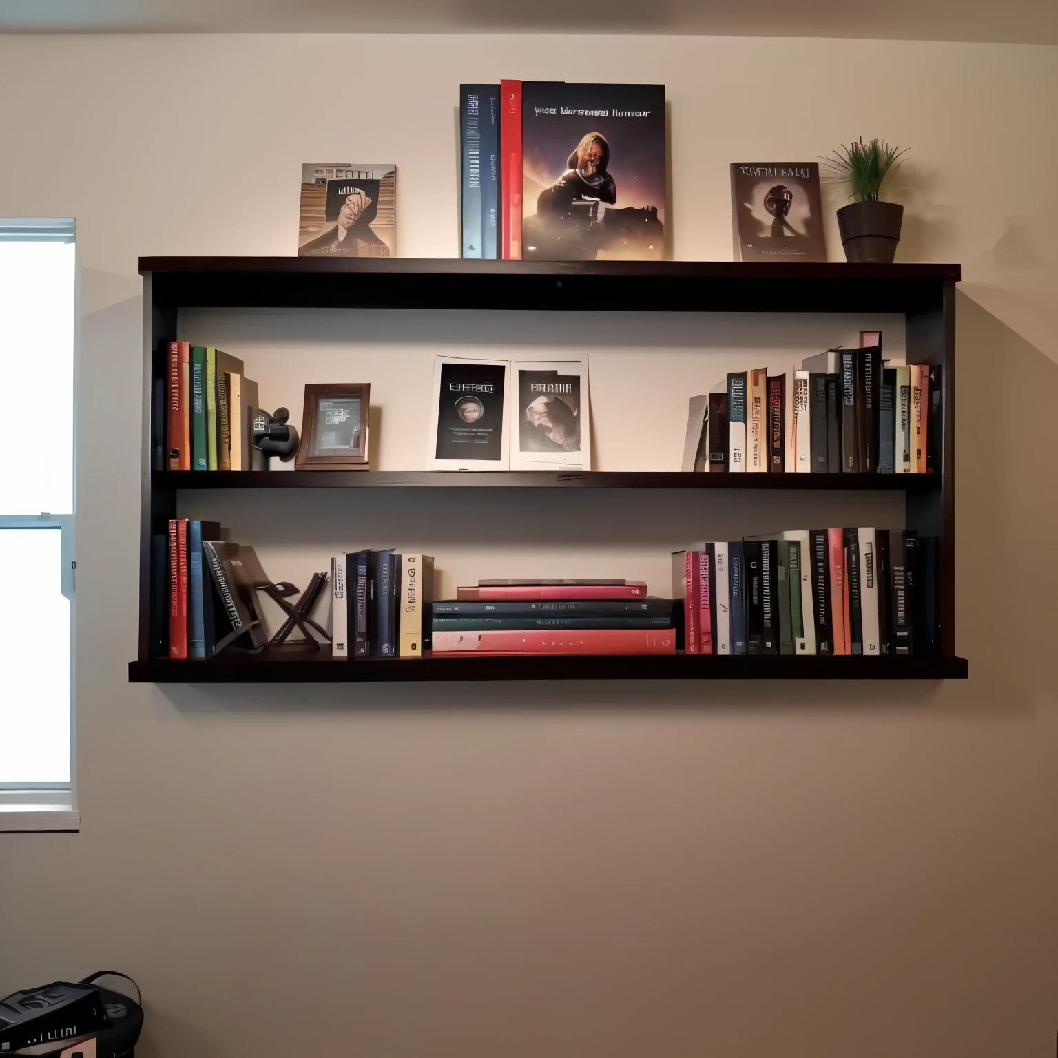 Design a beautifully looking wall for a YouTube video that has a good RGB light set up it has a nice book shelf with few books with a YouTube play button on one of the book shelves and some leach gadget