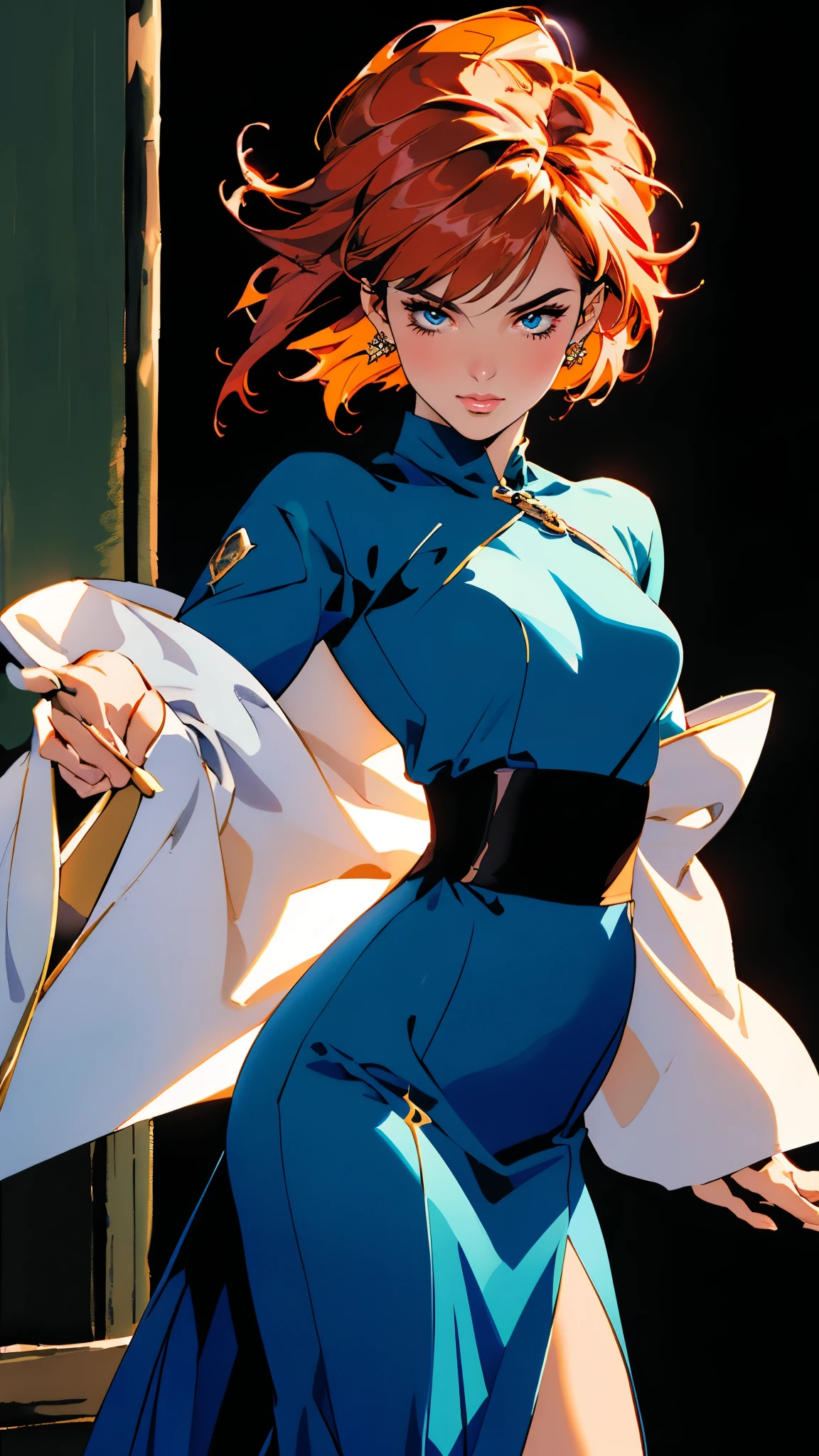 ((A woman with tousled vibrant red short hair, side-swept bangs, sharply arched eyebrows, sharp upward-arched thick eyebrows, sharp gaze, slender elongated face, a slim figure, a fantasy martial arts-style loose solid-color Daoist robe, wide billowing sleeves, a voluminous long skirt, orange as the main color, complemented by blue accents, a small bird formed of flames flies beside her, the scene is set in a fantasy-style Chinese lakeside courtyard)), this character embodies a finely crafted a fantasy martial arts practitioner in anime style, exquisite and mature manga art style, feminine, high definition, best quality, highres, ultra-detailed, ultra-fine painting, extremely delicate, professional, perfect body proportions, golden ratio, anatomically correct, symmetrical face, extremely detailed eyes and face, high quality eyes, creativity, RAW photo, UHD, 32k, Natural light, cinematic lighting, masterpiece-anatomy-perfect, masterpiece:1.5