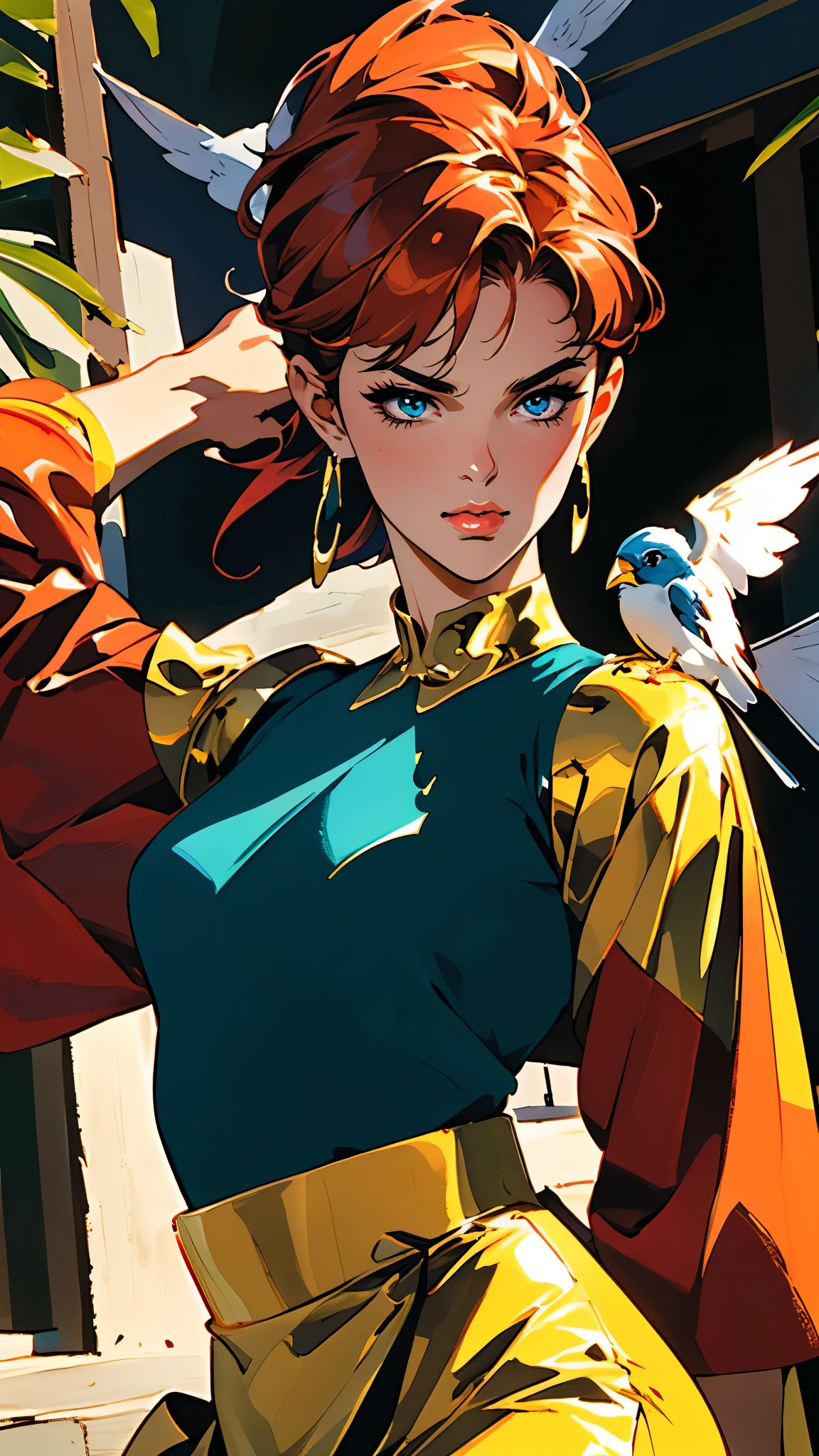 ((A woman with tousled vibrant red short hair, side-swept bangs, sharply arched eyebrows, sharp upward-arched thick eyebrows, sharp gaze, slender elongated face, a slim figure, a fantasy martial arts-style loose solid-color Daoist robe, wide billowing sleeves, a voluminous long skirt, orange as the main color, complemented by blue accents, a small bird formed of flames flies beside her, the scene is set in a fantasy-style Chinese lakeside courtyard)), this character embodies a finely crafted a fantasy martial arts practitioner in anime style, exquisite and mature manga art style, feminine, high definition, best quality, highres, ultra-detailed, ultra-fine painting, extremely delicate, professional, perfect body proportions, golden ratio, anatomically correct, symmetrical face, extremely detailed eyes and face, high quality eyes, creativity, RAW photo, UHD, 32k, Natural light, cinematic lighting, masterpiece-anatomy-perfect, masterpiece:1.5