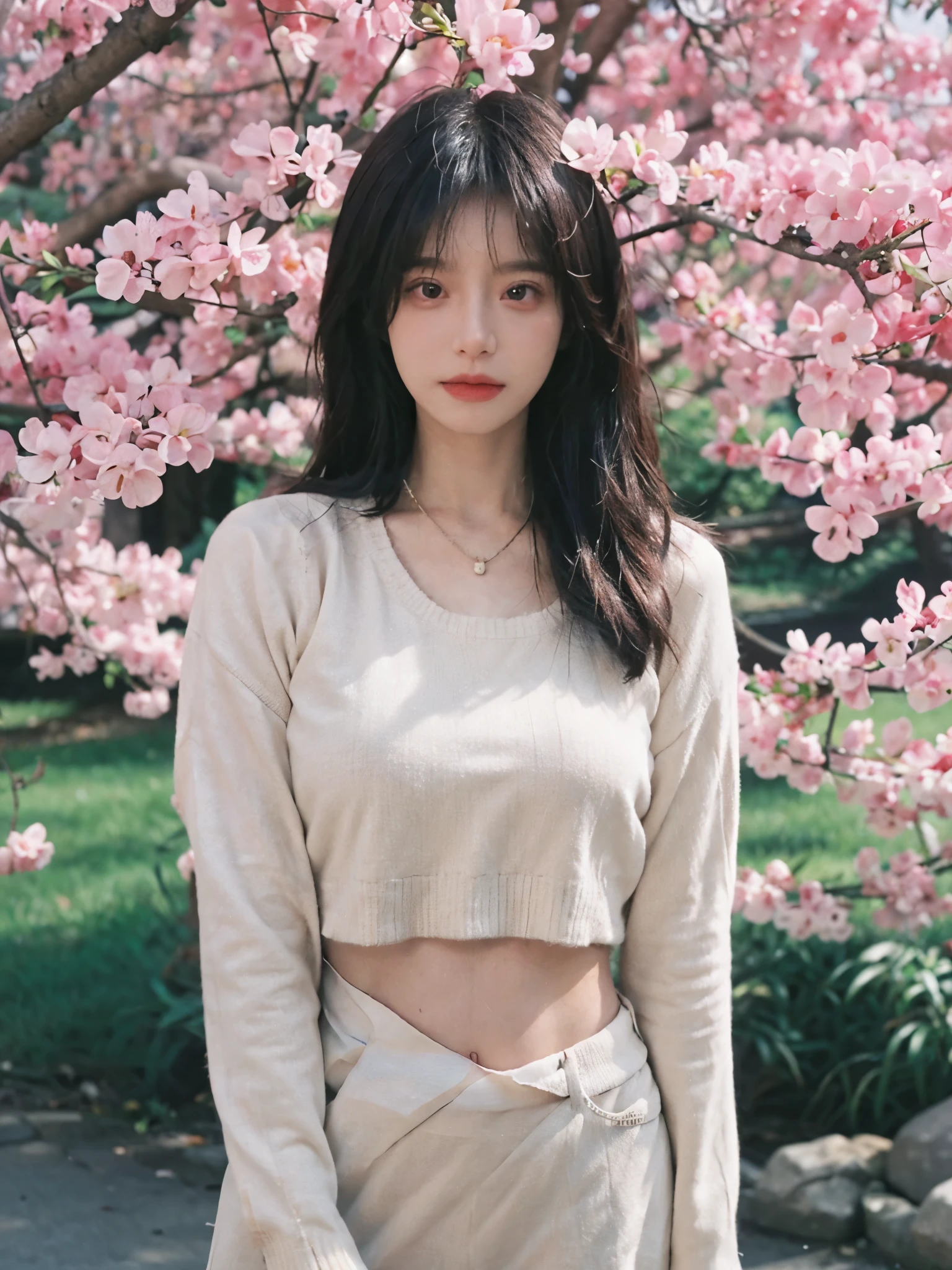 best quality, ultra high resolution, (realistically:1.4),Baoyu Girl,1 girl, long, straight hair,Looking into the distance,Under the cherry blossom tree,red short sweater,a sense of atmosphere,Beautiful woman with slim figure:1.4, abdominal muscles:1.1,,Super thin face,exquisite eyes,double eyelids,necklace