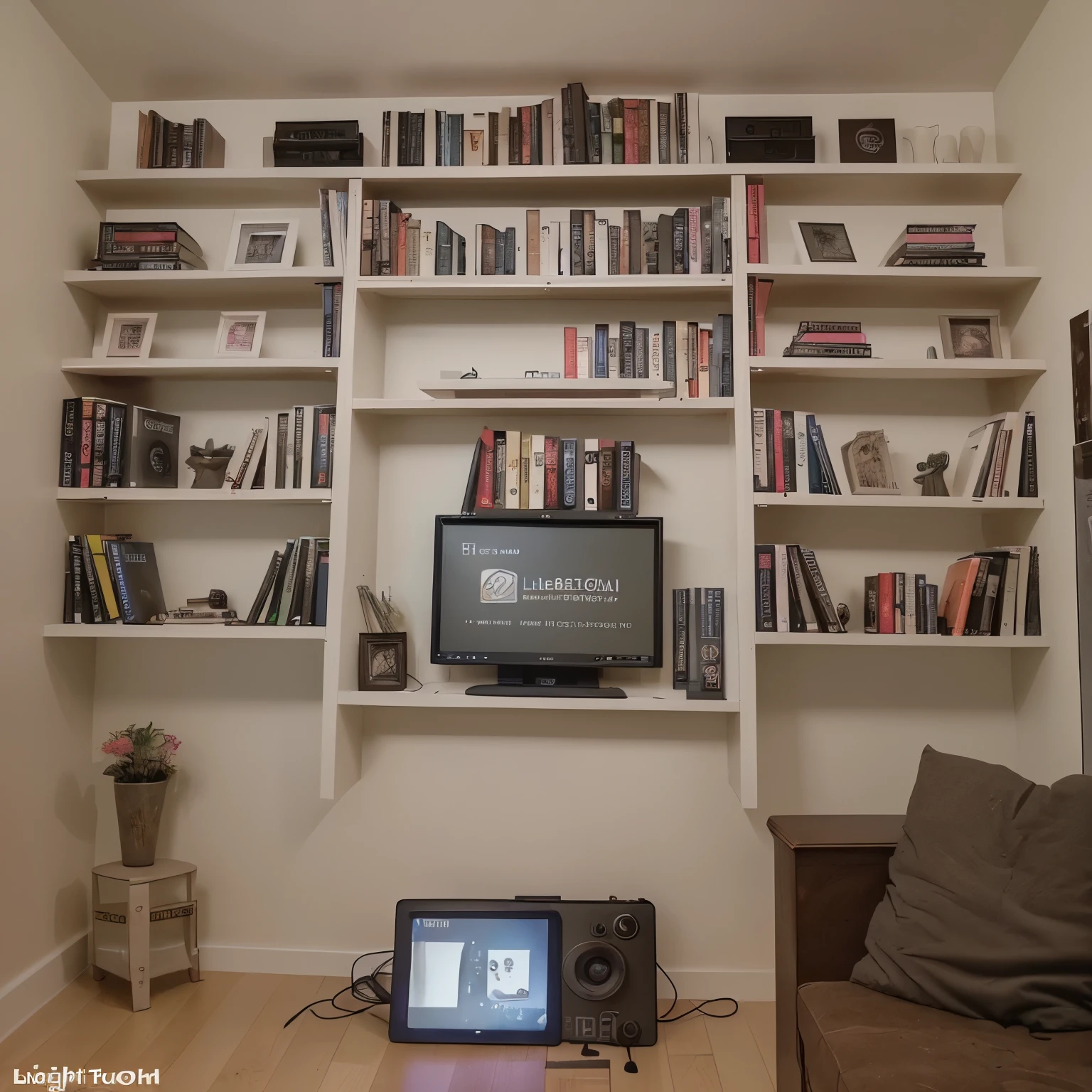 Design a beautifully looking wall for a YouTube video that has a good RGB light set up it has a nice book shelf with few books with a YouTube play button on one of the book shelves and some leach gadget