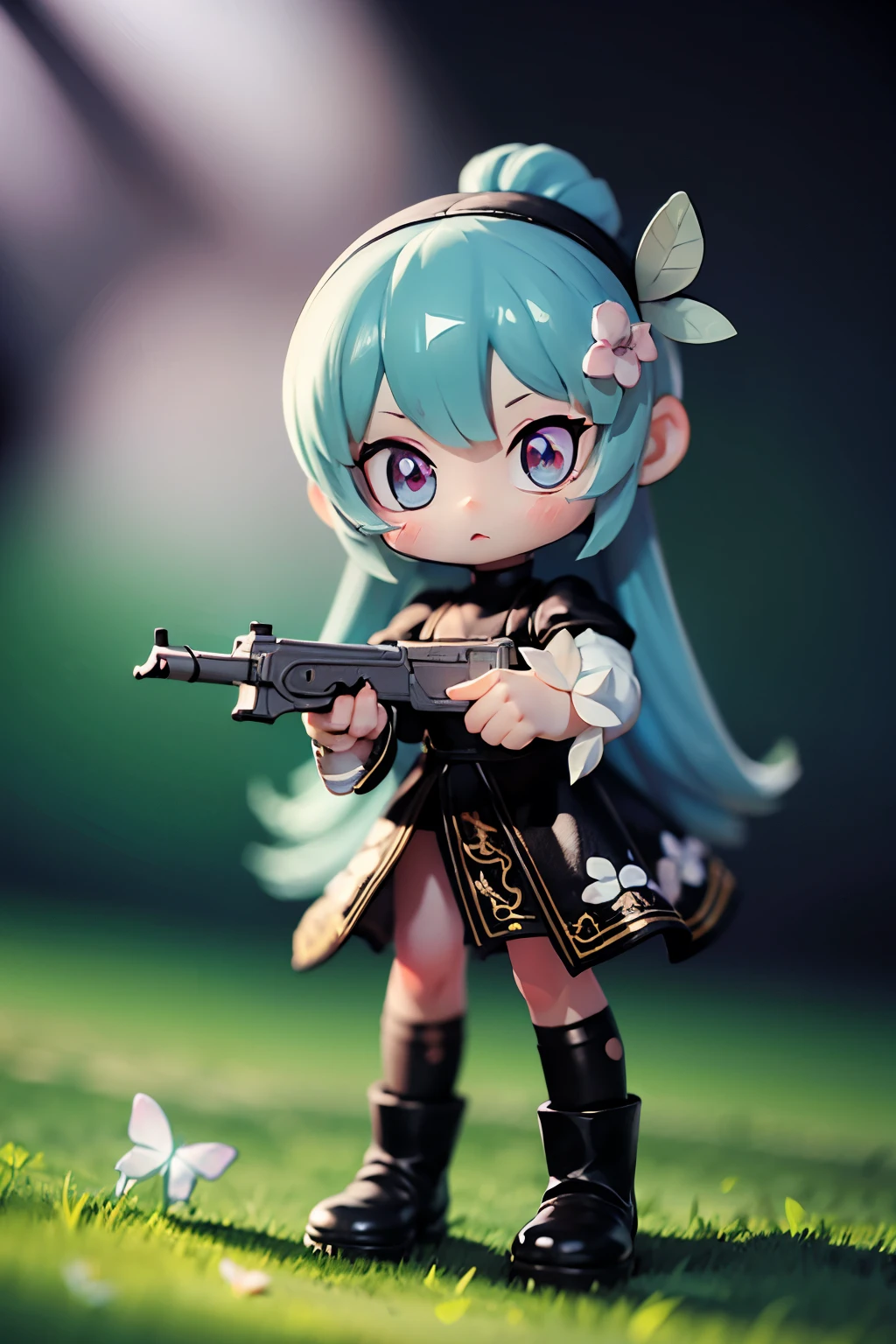 Octane Render、(Hyper-detailing: 1.15)、cinematic lightening、Taken from behind、Cute Fantasy Princess、Handgun shooting practice、Fine Pattern Pistol,long boots、ultradetailed eyes、Full Paint、（Floral hair ornament、butterfly hair ornament）、masutepiece、Anatomically correct、blur、depth of fields