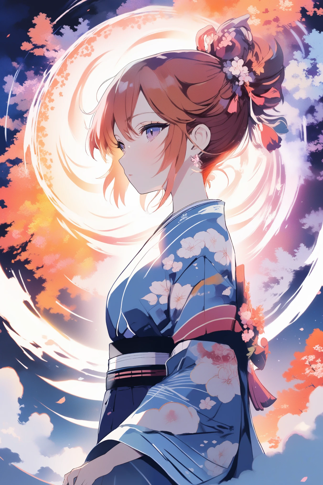 (best quality, sketch:1.2),realistic,illustrator,anime,1 girl, detailed lips, kimono,custom, neon and dark gradient background, ginger hair,textured cropping, masterpiece, style modern, anime, a girl standing looking at a spiral, trending on art station, space art, makoto shinkai cyril rolando, cosmic skies. by makoto shinkai, dreamy psychedelic anime, beautiful anime scene, anime epic artwork, watching the sun set. anime, epic realism, kuki shinobu character 