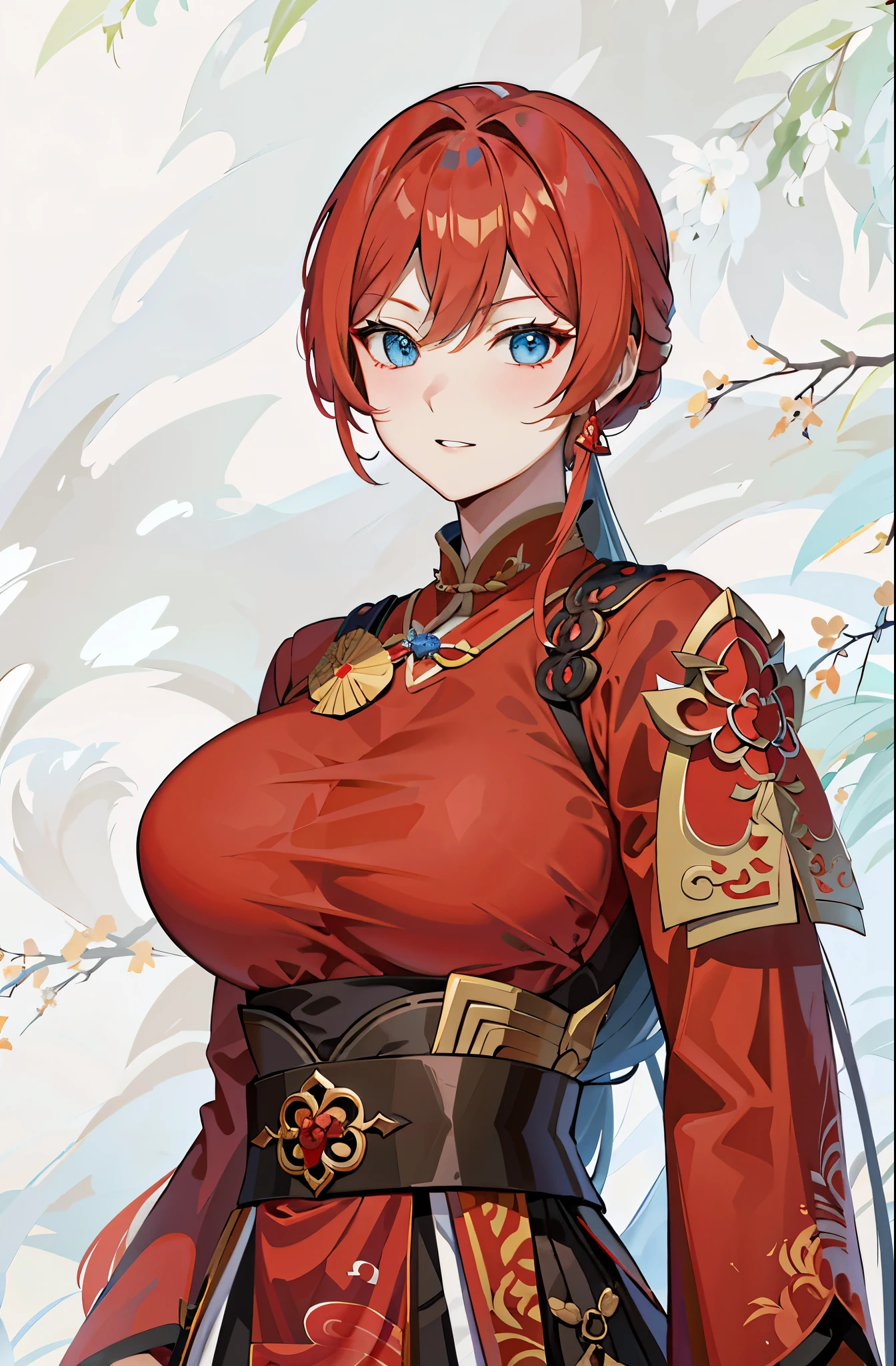 anime style image，One wearing a red dress、Woman with sword, ayaka genshin impact, keqing from 原神 impact, zhongli from 原神 impact, ayaka game 原神 impact, heroine 👀 :8, yun ling, bian lian, mischievous giggle, full body xianxia, Sha Xi, blue eyes，Handsome girl，huge breasts，female general，Chinese style，Rich light and shadow performance