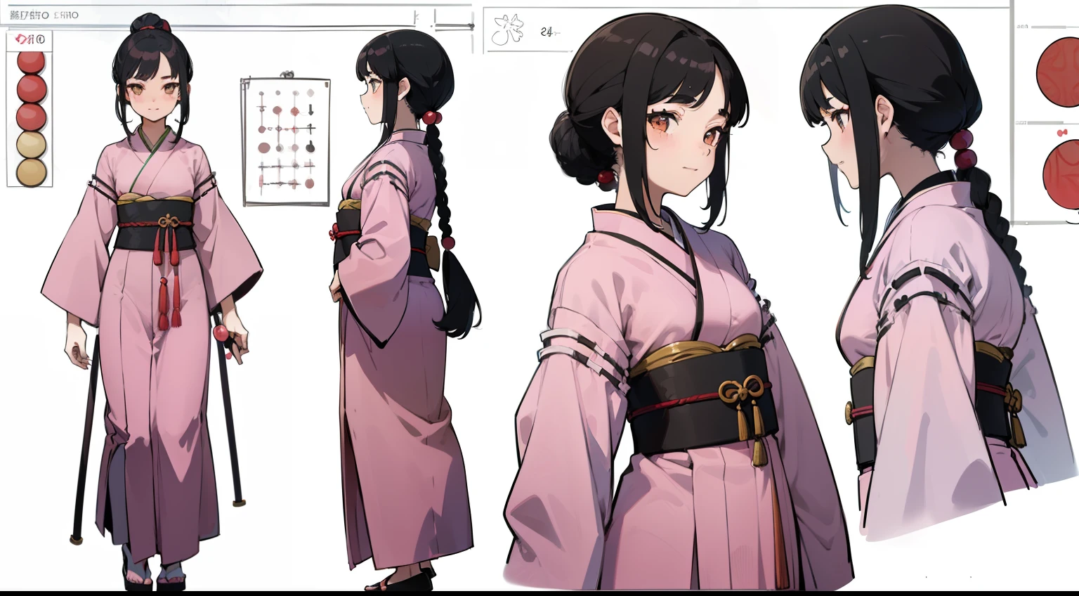 , Black Hair Girl, Hair length to the armpits (((happy flirty look))) ,japanese kimono, ((Odango hairstyle)) (((detailed character sheet, Front view, Side view, 3/4 view)))