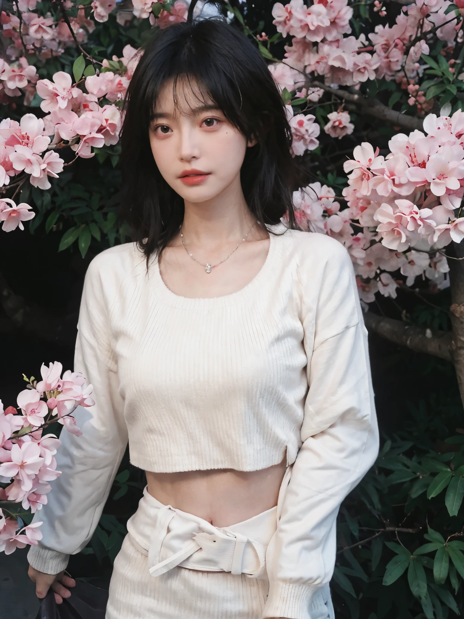 best quality， ultra high resolution， （realistically：1.4），Baoyu Girl，1 girl, long, straight hair，Looking into the distance，Under the cherry blossom tree，red short sweater，a sense of atmosphere，Beautiful woman with slim figure:1.4, abdominal muscles:1.1,,Super thin face，exquisite eyes，double eyelids，necklace