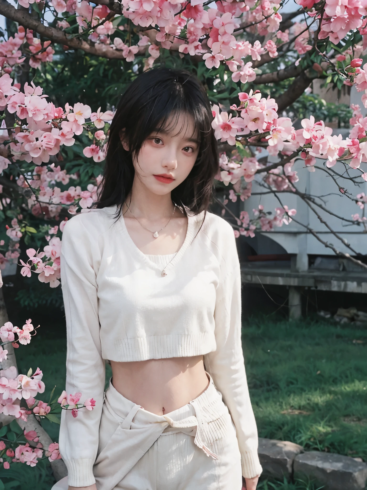 best quality， ultra high resolution， （realistically：1.4），Baoyu Girl，1 girl, long, straight hair，Looking into the distance，Under the cherry blossom tree，red short sweater，a sense of atmosphere，Beautiful woman with slim figure:1.4, abdominal muscles:1.1,,Super thin face，exquisite eyes，double eyelids，necklace