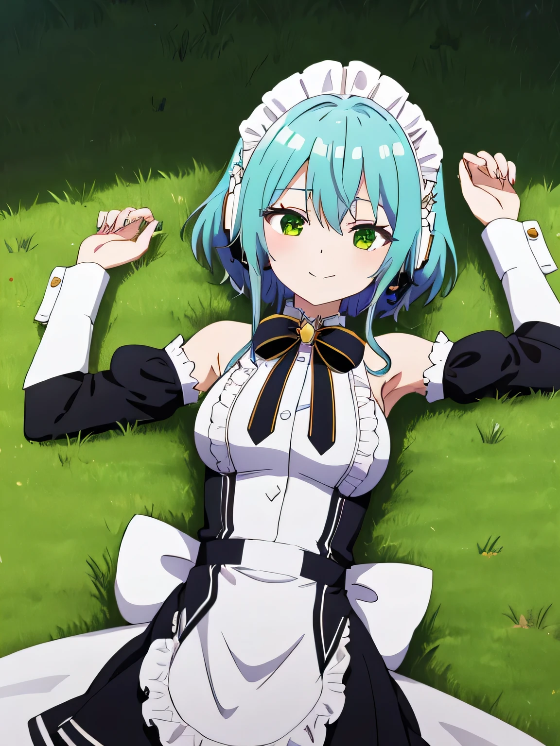 masterpiece, best quality, highres, aavillhaze, short hair, maid headdress, green eyes, breasts, maid, black bowtie, bare shoulders, frills, dress, underbust, detached sleeves, long sleeves, maid apron, high quality solo, cowboy shot, lying, on back, on grass, spread arms, shy smile, arms up, closed mouth, miku nakano, cardigan, headphones around neck, looking at viewer, in the center,