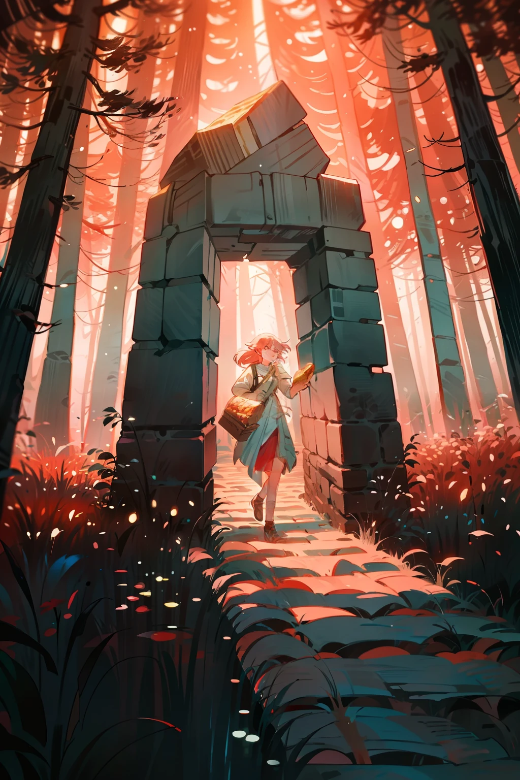 She ventured into the wilderness carrying just a humble loaf of bread and a canteen filled with refreshing water. Throughout the moonlit night, the young maiden meandered aimlessly, her path leading her deeper and deeper into an enchantingly dense woodland.