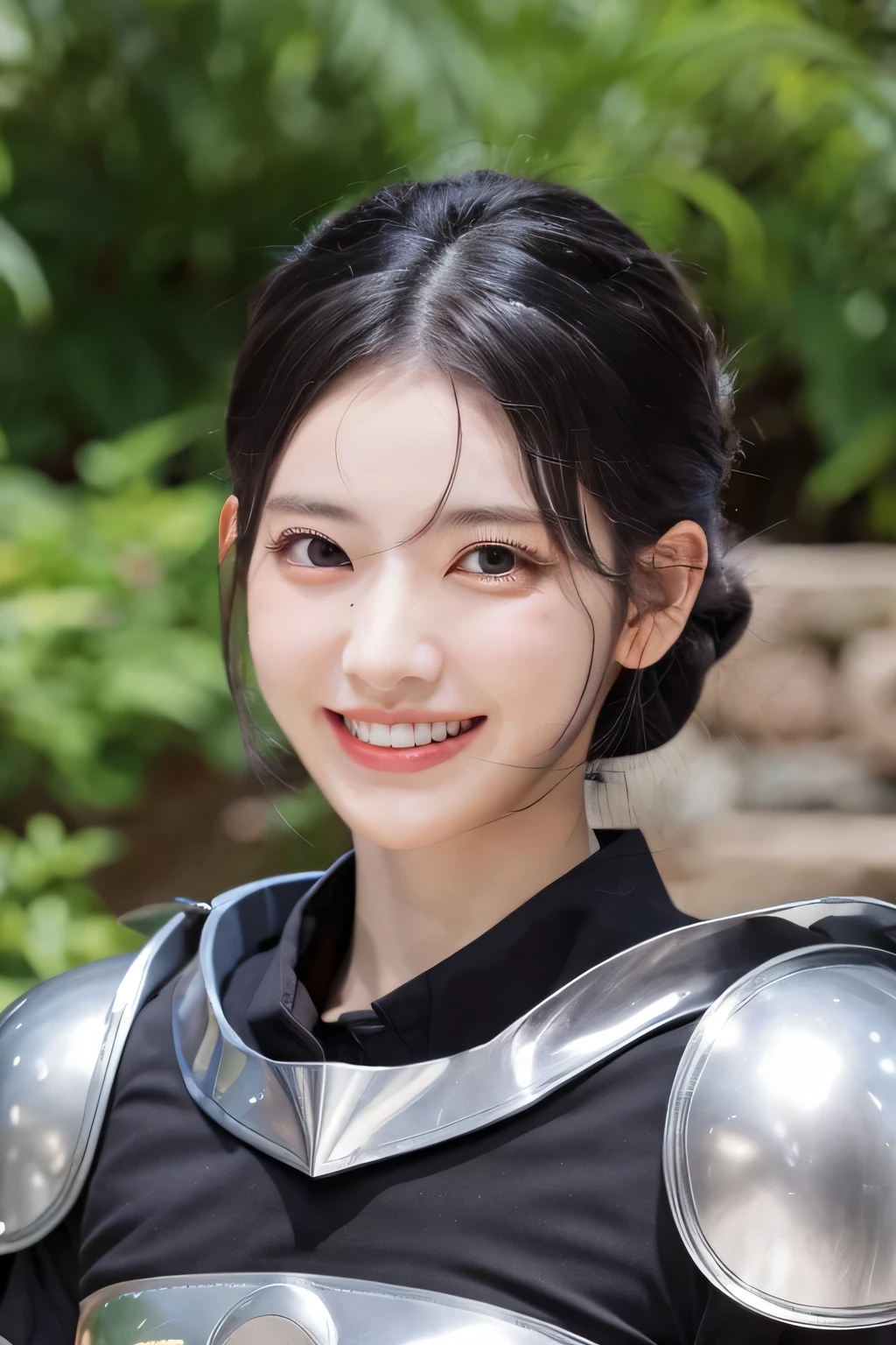 highest quality、４Ｋ、The background is a castle、slender body shape、female knight、black hair、smile、beautiful teeth、hairstyle shortcut、ear piercing、full body photo、Luxurious Silver Armor、Helmet on the head