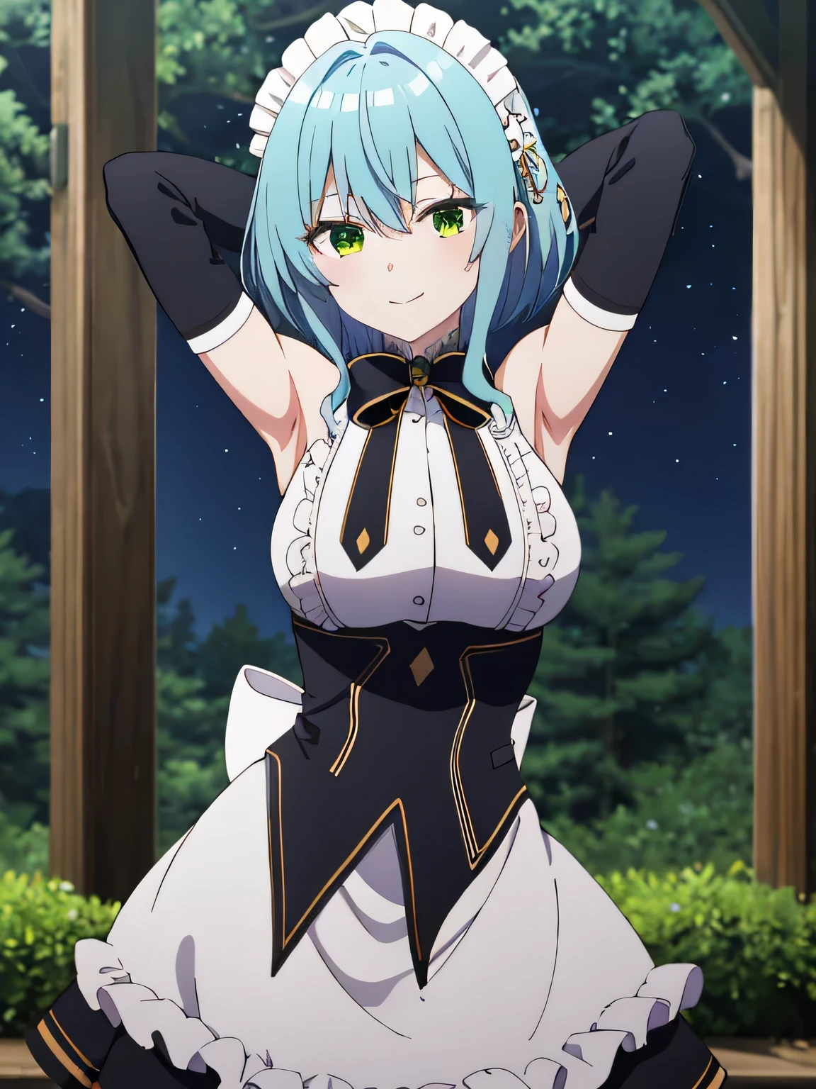 masterpiece, best quality, highres, aavillhaze, short hair, maid headdress, green eyes, breasts, maid, black bowtie, bare shoulders, frills, dress, underbust, detached sleeves, long sleeves, maid apron, closed mouth, solo, cowboy shot, night sky, forest, arms behind head, contrapposto, spread armpits, smile