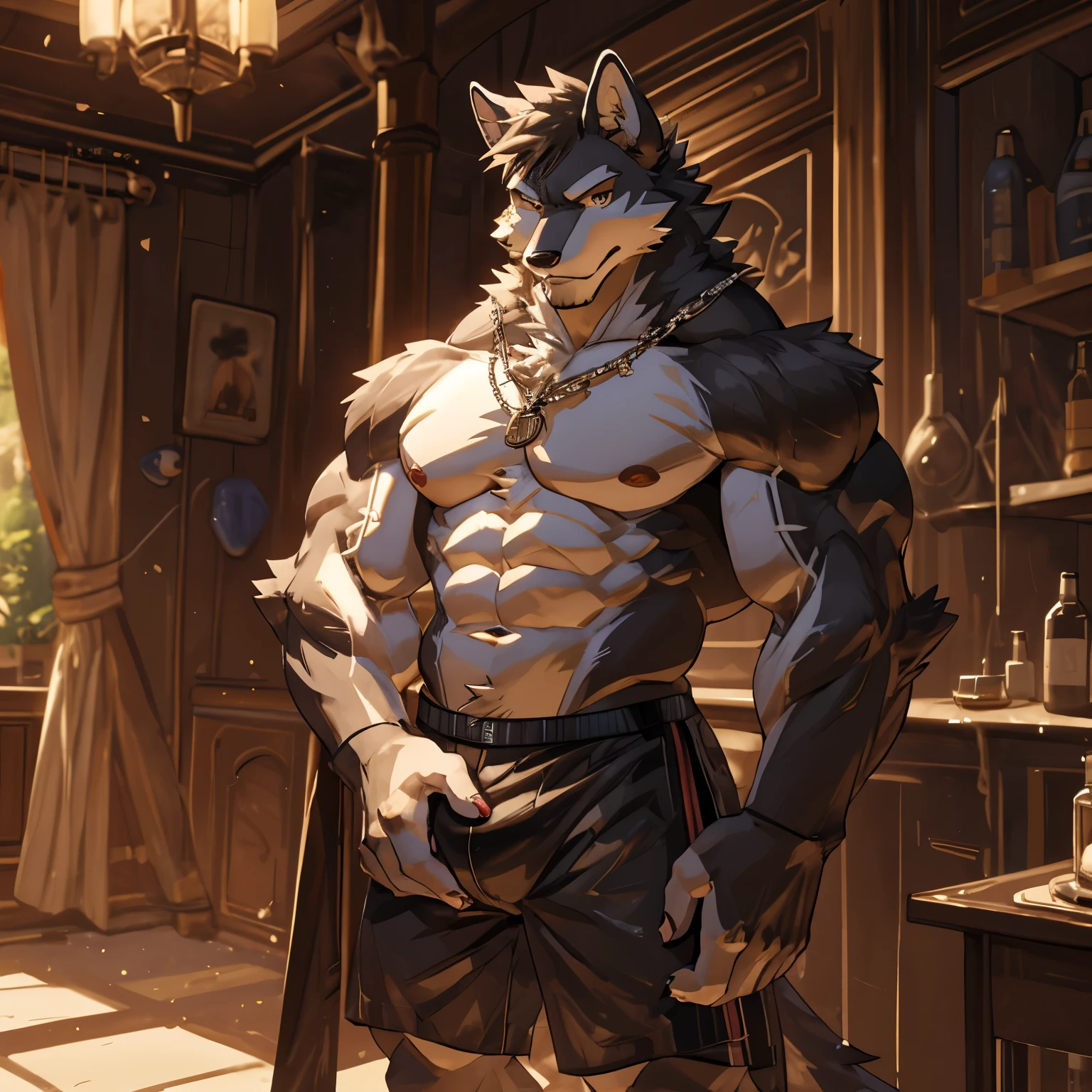 masterpiece, alone, Furry gray wolf, aldult face, gray fur, brown eyes, gray short hair, very muscular body, hard muscle, veins in muscles, nice, Handsome, fiercely, topless, Popular poses,underwear boxers