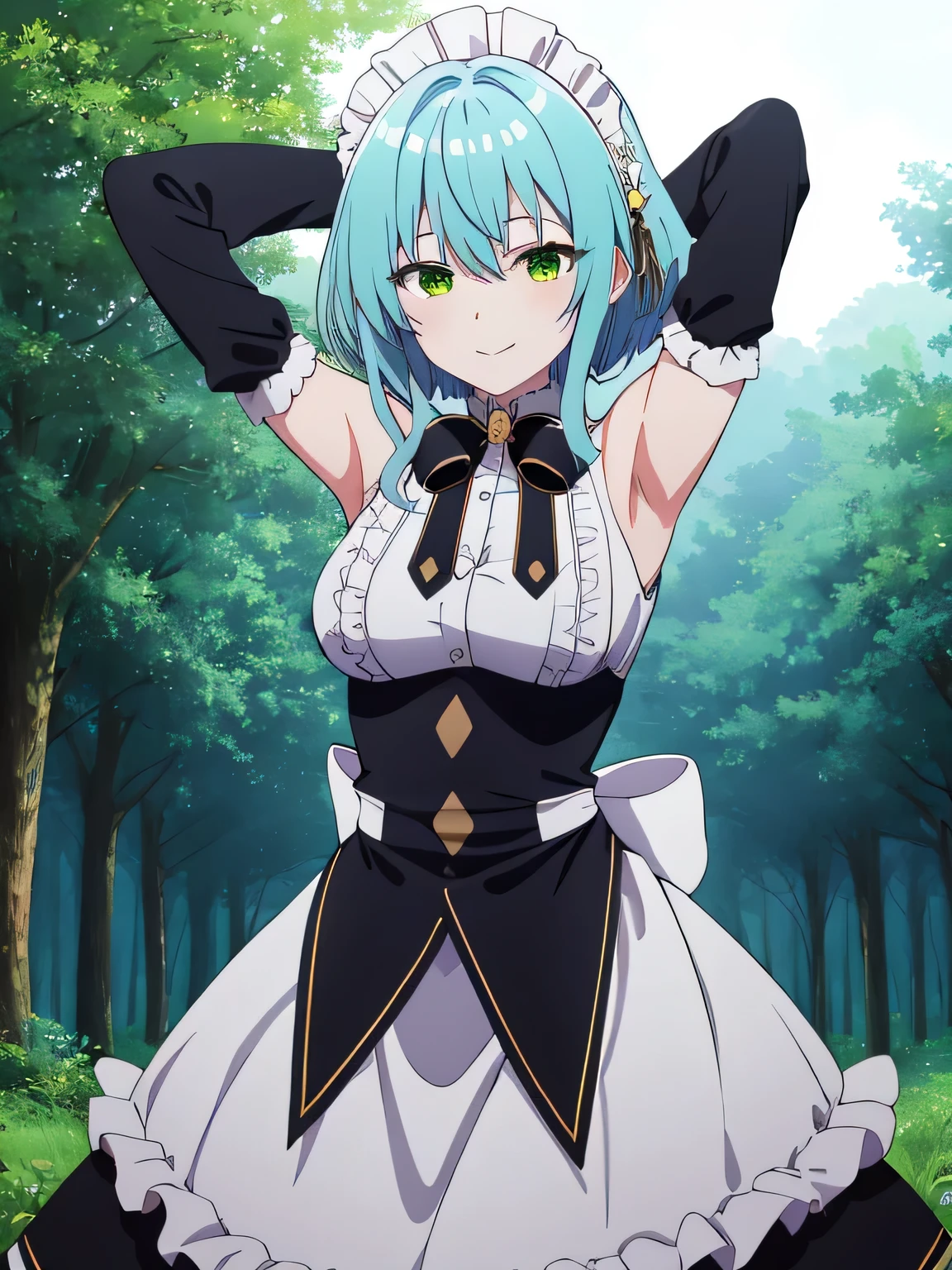 masterpiece, best quality, highres, aavillhaze, short hair, maid headdress, green eyes, breasts, maid, black bowtie, bare shoulders, frills, dress, underbust, detached sleeves, long sleeves, maid apron, closed mouth, solo, cowboy shot, night sky, forest, arms behind head, contrapposto, spread armpits, smile