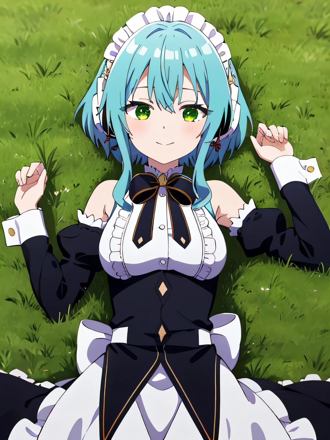 masterpiece, best quality, highres, aavillhaze, short hair, maid headdress, green eyes, breasts, maid, black bowtie, bare shoulders, frills, dress, underbust, detached sleeves, long sleeves, maid apron, high quality solo, cowboy shot, lying, on back, on grass, spread arms, shy smile, arms up, closed mouth, miku nakano, cardigan, headphones around neck, looking at viewer, in the center,