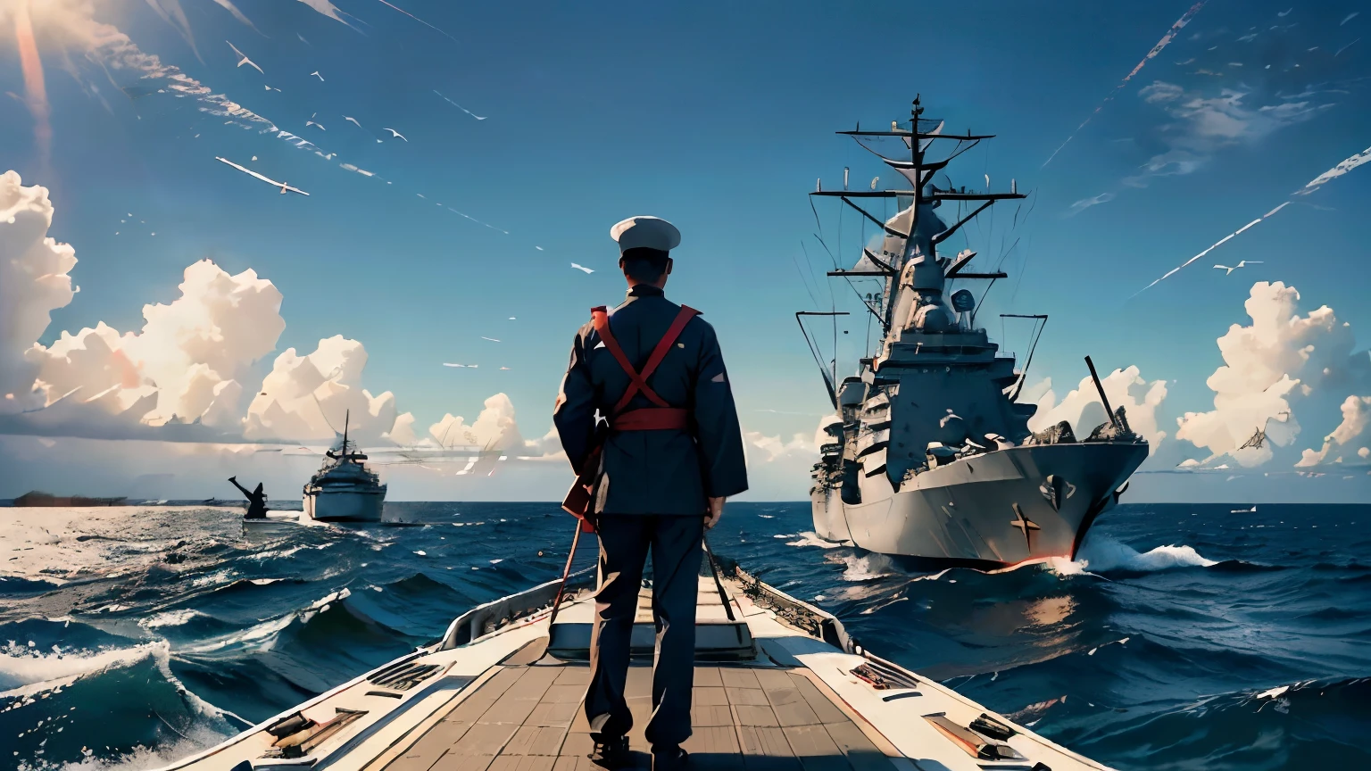 The admiral is listening to the radio on his battleship.
