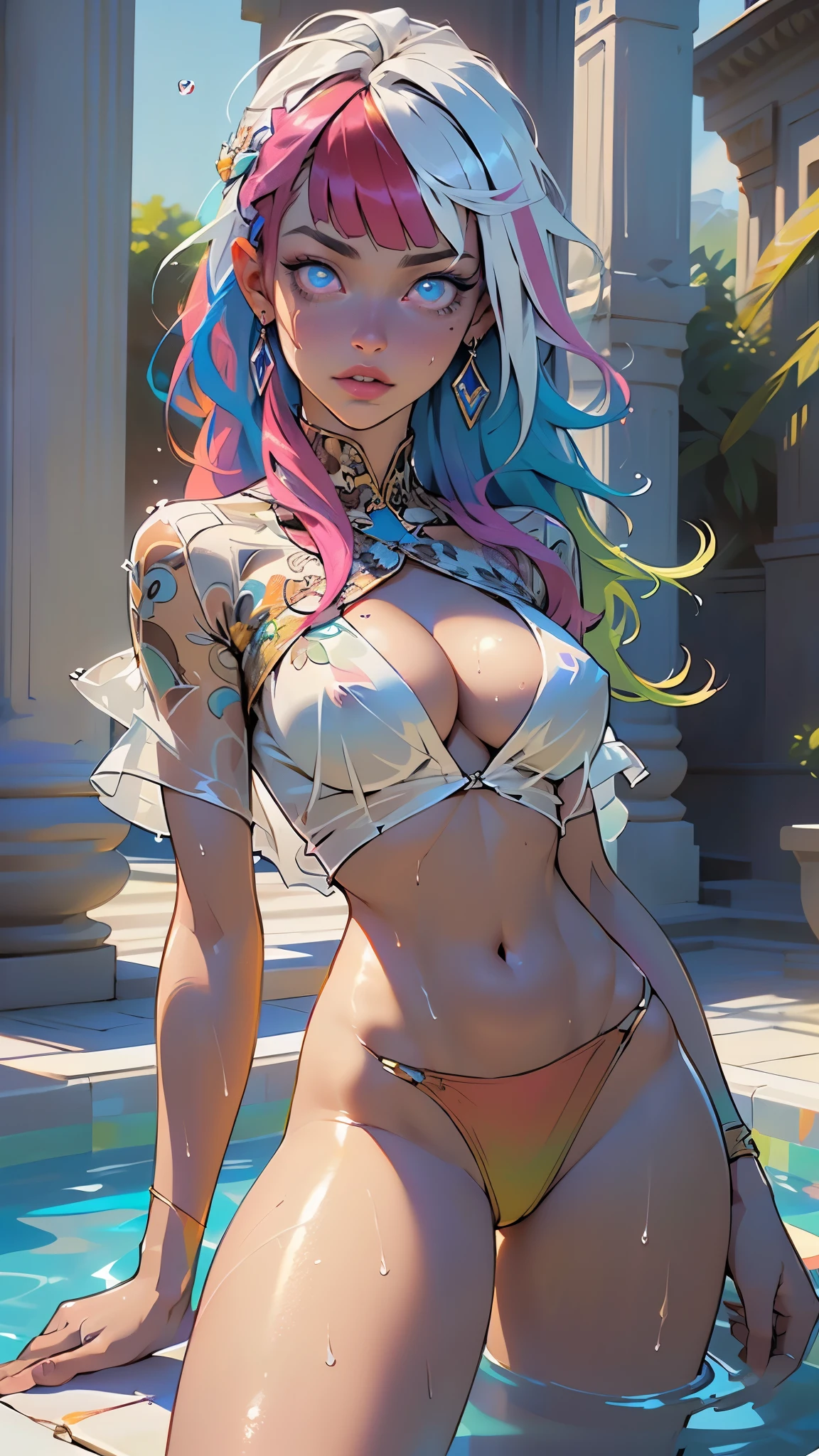 goddess girl,(((1girl))),((cute and beautiful rainbow haired girl)),

(Colorful hair:1.5), (all the colors of the rainbow:1.5),crystal clear eyes,rainbow color gradient bangs:1.5,(rainbow colored hair:1.5), color splash, color explosion, (colorful), Face Paint, ((streaked hair)),(Gradient color eyes),(((colorful eyes))),

(large breasts:1.4),saggy breasts,mane,((multicolored_hair:1.3)), ((rainbow hair:1.3)),((hair bangs:1.3)),((hair with the seven colors of the rainbow:1.3)),((straight hair:1.3)),((very straight hair,very_long hair:1.5)),((The beauty of extra-long hair)),((Super Long Straight Hair)),((bangs)),(((neon rainbow eyes:1.3))),intricate eyes,beautiful detailed eyes,symmetrical eyes,((fat)),(((lustrous skin:1.5,bright skin: 1.5,skin tanned,shiny skin,very shiny skin,shiny body,plastic glitter skin,exaggerated shiny skin,illuminated skin,wet legs))),(spider lower abdomen,narrow waist,wide hip,athletic body,inflated legs, thick thighs,detailed body,(detailed face)),

cute,slutty,erotic,((nsfw)),

white greek robe,white silk bikini,absurdres,Long legs,cleavage,(((wet clothes,intricate outfit,intricate clothes))),

(hypnotized pose:1.0),hypnotized,(centered,scale to fit dimensions,Rule of thirds),

((beautiful bath house made of greek marble and pillars, beautiful clear water in pool)),scenery:1.25,((intricate scenery)),((greek temple background)),

(Glossy greek ornaments),highres,sharp focus,(ultra detailed,extremely detailed),(photorealistic artwork:1.37),(extremely detailed CG unity 8k wallpaper),(((vibrant colors,vibrant theme))),(intricate),(masterpiece),(best quality),artistic photography,(photography taken by sldr),(intricate background),perfect rendered face,perfect face details,realistic face,photo realistic,((intricate detail)),(((realism))),
