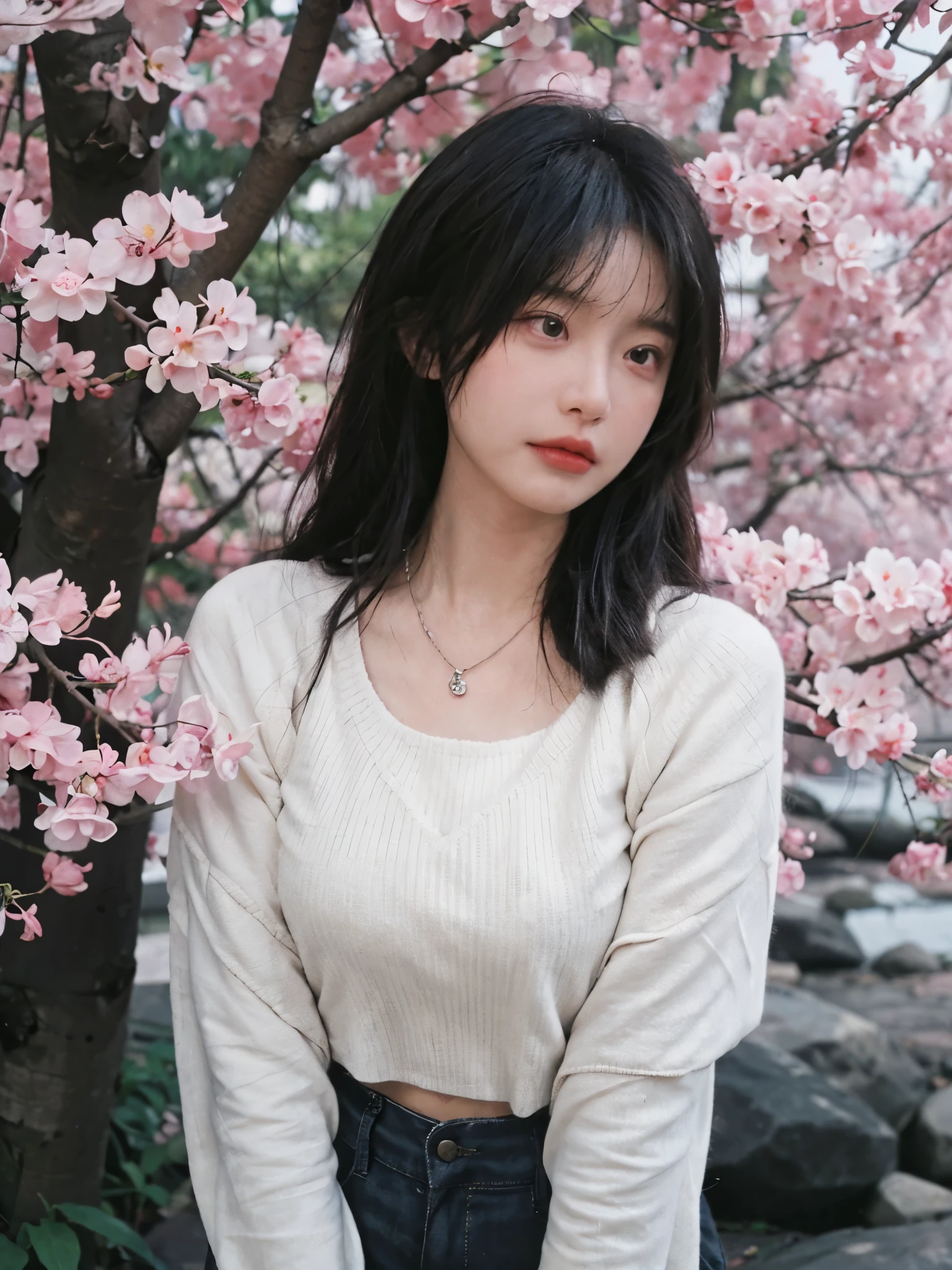 best quality, ultra high resolution, (realistically:1.4),Baoyu Girl,1 girl, long, straight hair,Looking into the distance,Under the cherry blossom tree,red short sweater,a sense of atmosphere,Beautiful woman with slim figure:1.4, abdominal muscles:1.1,,Super thin face,exquisite eyes,double eyelids,necklace