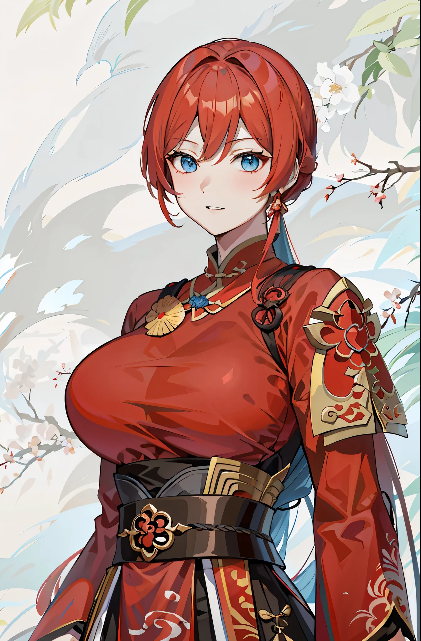 anime style image,One wearing a red dress、Woman with sword, ayaka genshin impact, keqing from 原神 impact, zhongli from 原神 impact, ayaka game 原神 impact, heroine 👀 :8, yun ling, bian lian, mischievous giggle, full body xianxia, Sha Xi, blue eyes,Handsome girl,huge breasts,female general,Chinese style,Rich light and shadow performance