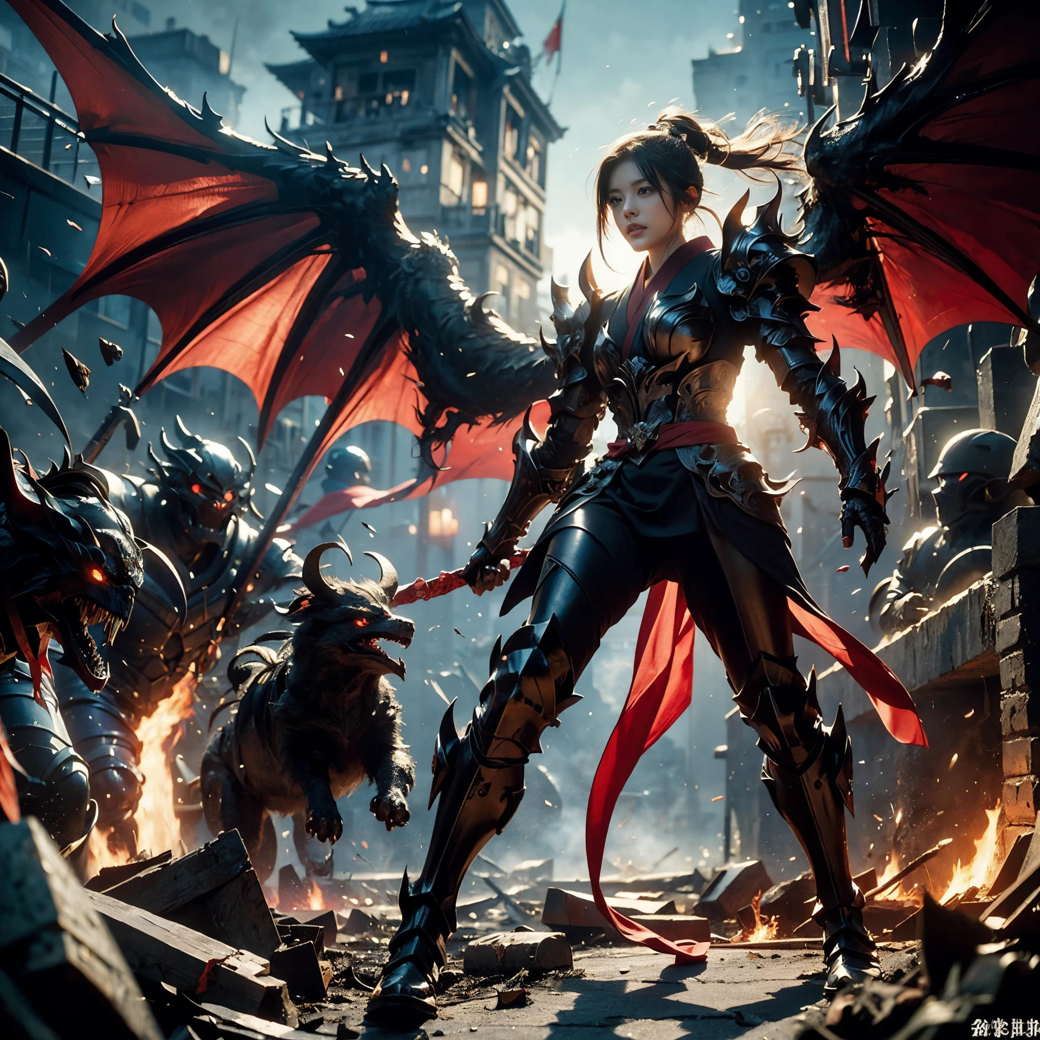 (((Realistic, masterpiece, best quality, crisp detail, high definition, high detail, very rich detail, sharp focus, sharp detail, colorful, perfect studio lightning))), ((20 years old, devil, kasumi arimura, flying, floating)),(((in the middle of war, epic war scene, attack stance))), wearing (((beautiful decorated black heavy armor, dark dragon armor, decorated full body armor, fully armored beautiful kimono, wide fire diabolos wings))), (flying, holding giant blade, blood scattered face, blood tears, blood bath, blood shed), (((fire everywhere, blood everywhere, death everywhere, japan bakumatsu period, dead bodies,carcass,burned japanese castle,hellish,chaos, inferno)) traditional village background, dark atmosphere, night)