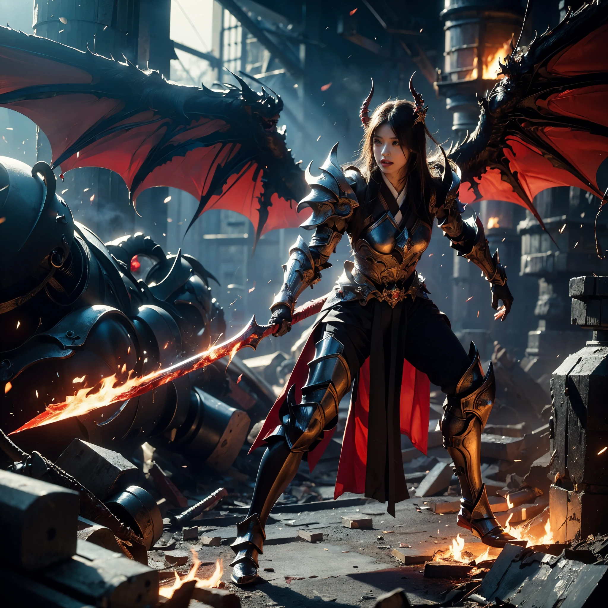 (((Realistic, masterpiece, best quality, crisp detail, high definition, high detail, very rich detail, sharp focus, sharp detail, colorful, perfect studio lightning))), ((20 years old, beautiful devil, kasumi arimura, evil make up, flying, floating)),(((in the middle of war, epic war scene, attack stance))), wearing (((beautiful decorated black heavy armor, dark dragon armor, decorated full body armor, fully armored beautiful kimono, wide fire diabolos wings))), (flying, holding giant blade, blood scattered face, blood tears, blood bath, blood shed), (((fire everywhere, blood everywhere, death everywhere, japan bakumatsu period, dead bodies,carcass,burned japanese castle,hellish,chaos, inferno)) traditional village background, dark atmosphere, bloody night)