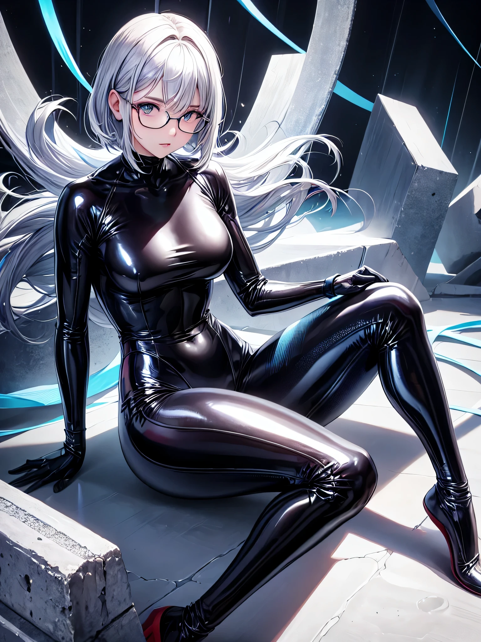 Highest quality 8K UHD、muste piece、Upper body、Glossy skin、short hair、open the thighs、sitting down and raising one leg、open legs、silver hair、Glasses、Full body shiny silver tights、Beautiful woman wearing a full body silver metallic suit、Full body silver metallic rubber suit