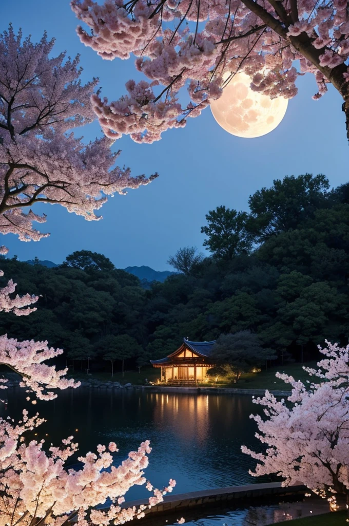 In the center is a large cherry tree in full bloom that is illuminated.、big moon in the background、very luxurious and glittering