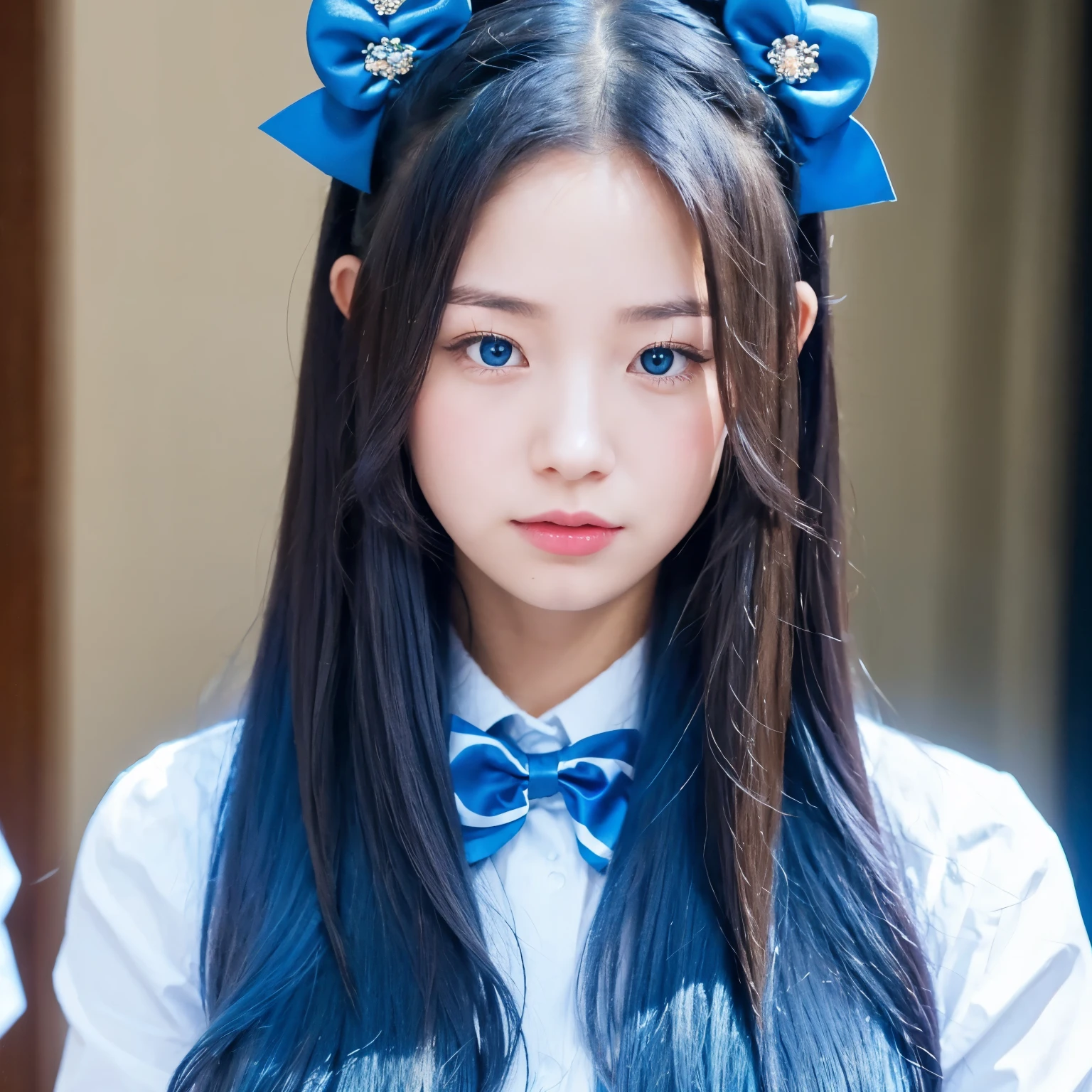 with long blue hair with blue bows in her hands