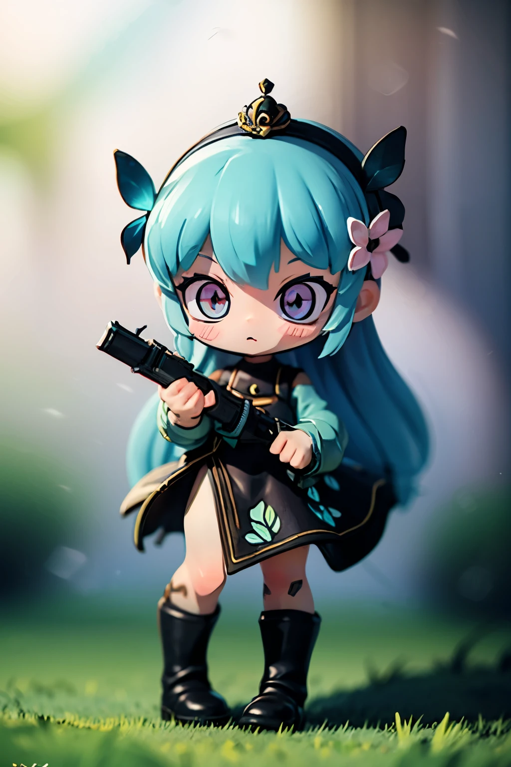 Octane Render、(Hyper-detailing: 1.15)、cinematic lightening、Cute Fantasy Princess、Handgun shooting practice、Fine Pattern Pistol,long boots、ultradetailed eyes、Full Paint、(Floral hair ornament、butterfly hair ornament)、masutepiece、Anatomically correct、blur、depth of fields