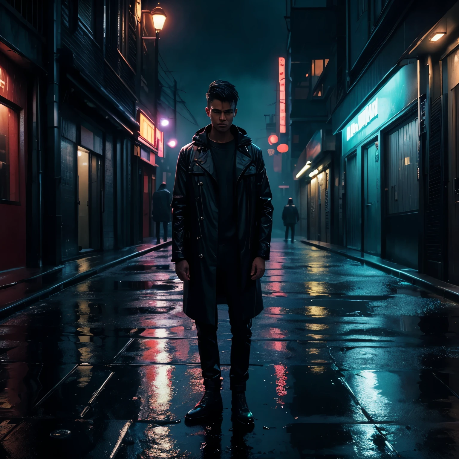 (best quality,realistic:1.37),1boy,night city,rain,coat,pose just stand,urban landscape,dark alleys,glowing neon lights,puddles on the ground,moody atmosphere,vivid colors,cityscape,reflection