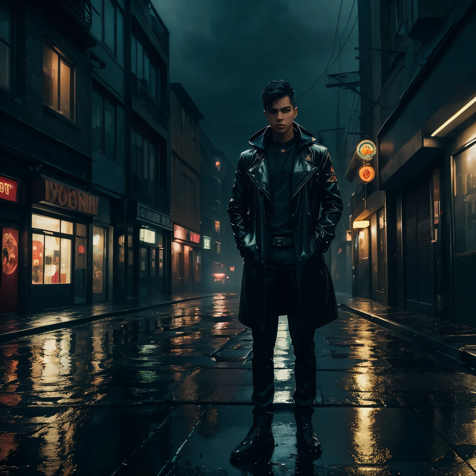 (best quality,realistic:1.37),1boy,night city,rain,coat,pose just stand,urban landscape,dark alleys,glowing neon lights,puddles on the ground,moody atmosphere,vivid colors,cityscape,reflection