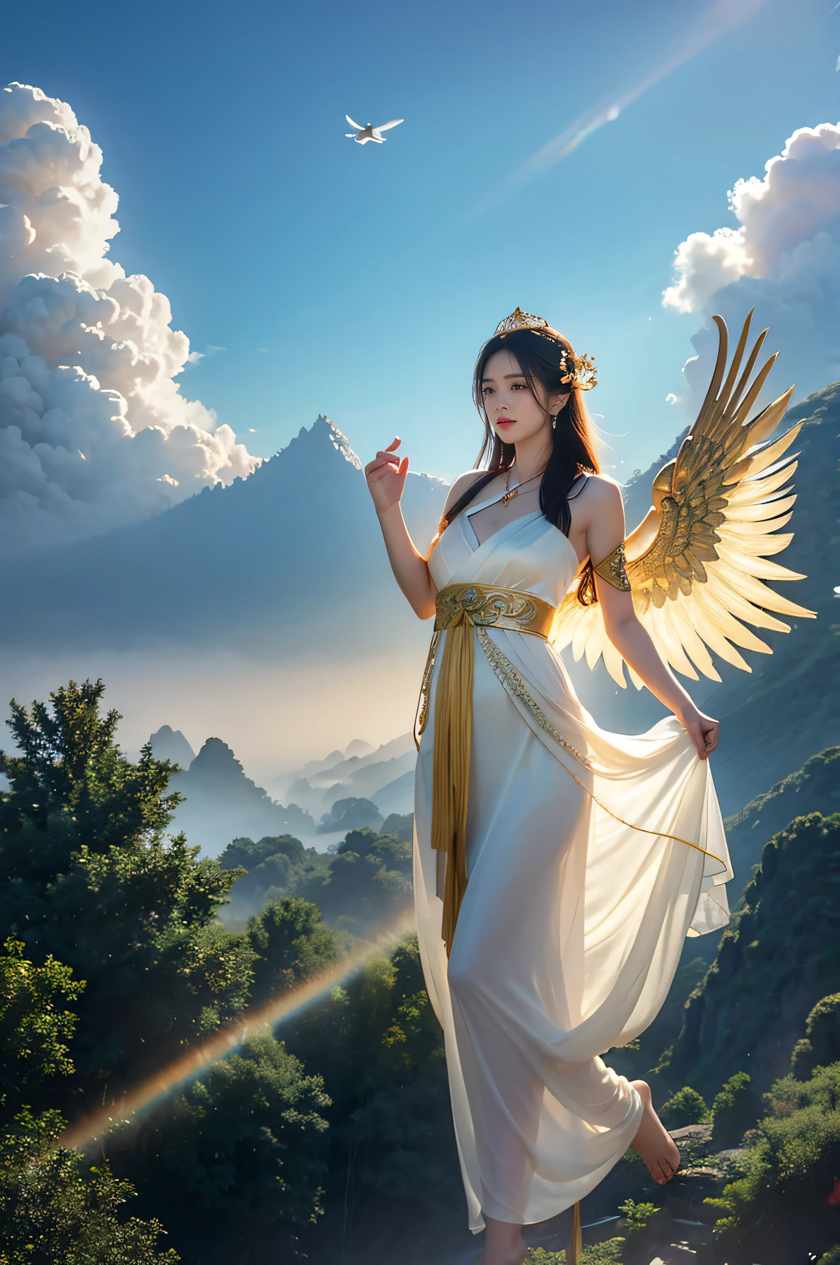 Ancient Chinese Women,female god,The gods, 25 years old, Handsome and sexy,white silk gauze,Golden Angel Dress,Exquisite clothing styles,Beautiful real jade pendant,Barefoot,bare shoulders,Reveal your navel,Date and time,Under your feet there are clouds and mist., fly in the sky,fly in the sky,float,calm and indifferent, detailed body, detailed face, The body is greasy., A beautiful one, Exaggerated, Handsome and charming, Looks brave., long hair fluttering,hair float,It has a long bang.,Incredible amount of hair,Hair flowing,Ambient light,Detailed sky background,Surrounded by clouds,Volumetric illumination,Cell shading,32k