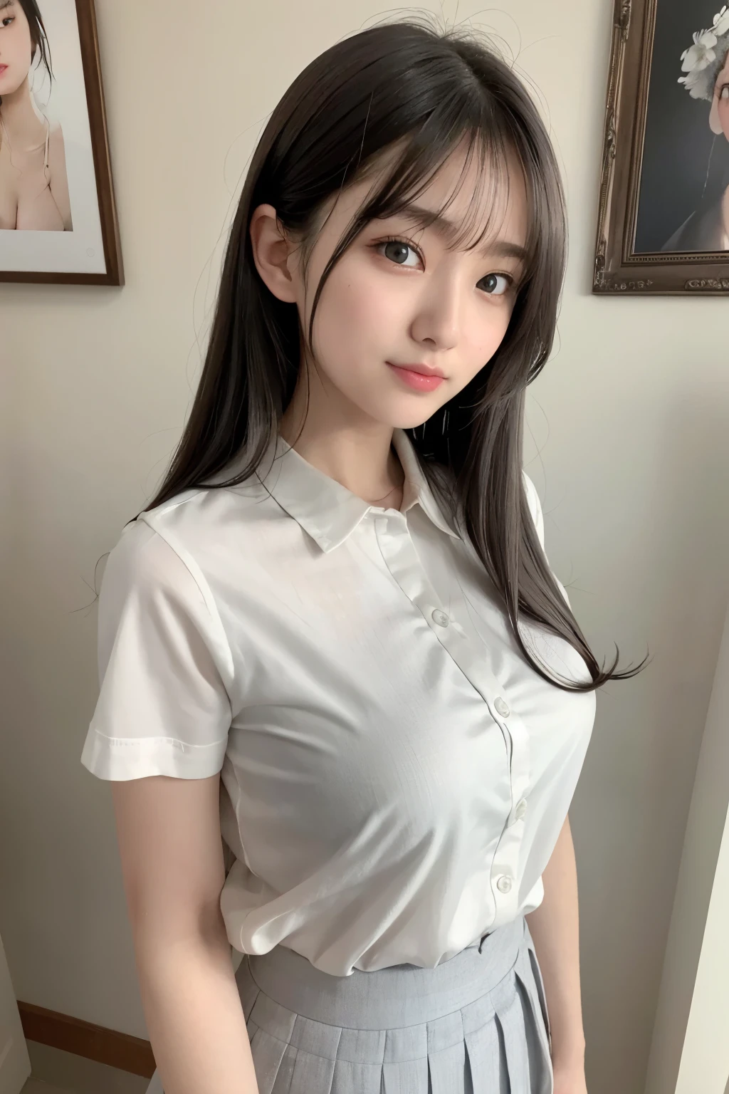 (RAW photograph, highest quality), (realistic),photograph, highest quality ,masterpiece, very delicate and beautiful, very detailed, cg ,unity, 2k wallpaper, finely, masterpiece, highest quality, huge file size, Super detailed, High resolution, very detailed, NSFW, 1 girl, Saori , node, because I&#39;thin, (short sleeve shirt:1.1),(uniform:1.1),(pleated skirt:1.1), porcelain skin,  (gray hair), (hair ornaments), looking at the viewer, close up of face, straight hair, very detailed face, very detailed eyes, enchanting smile, Rainy ,