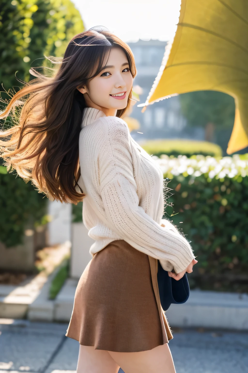 masterpiece, highest quality, Photoreal, Super detailed, finely, High resolution, 8k wallpaper, Professional, Advanced level of detail, ((20s posing cutely in the city:1.2)), slender Japanese woman,, detailed clavicle, Medium chest、perfect face, (Front facing:1.2)、medium long hair, chestnut hair、(A snug-fitting sweater that emphasizes your chest:1.5)、(Mini Flared Cart:1.8)、(skirt swaying in the wind:1.8)、(Knee-high boots:1.2)、cute face、(gentle smile:1.5)、(full body shot:1.5)、(brown skin:1.5)