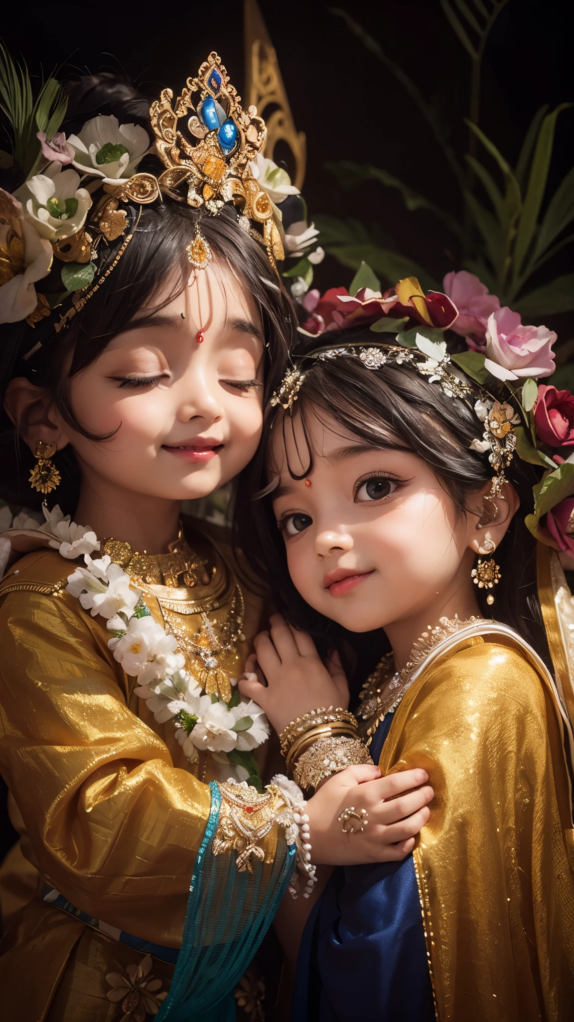 Krishna and Radha , kids character 3 , colorfull background,