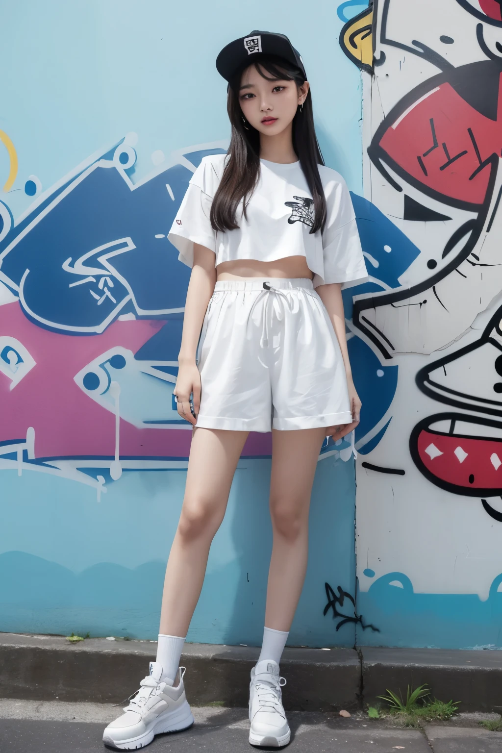 ((best quality)), ((masterpiece)), (detailed), (delicate face), perfect face, One Korean beauty in a back alley、(super detail)、(8 thousand)、((Hip Hop Fashion))、(graffiti wall)、(Full Body Sbian)、(detailed 발)、(detailed 손)、(nice face)、(standing)