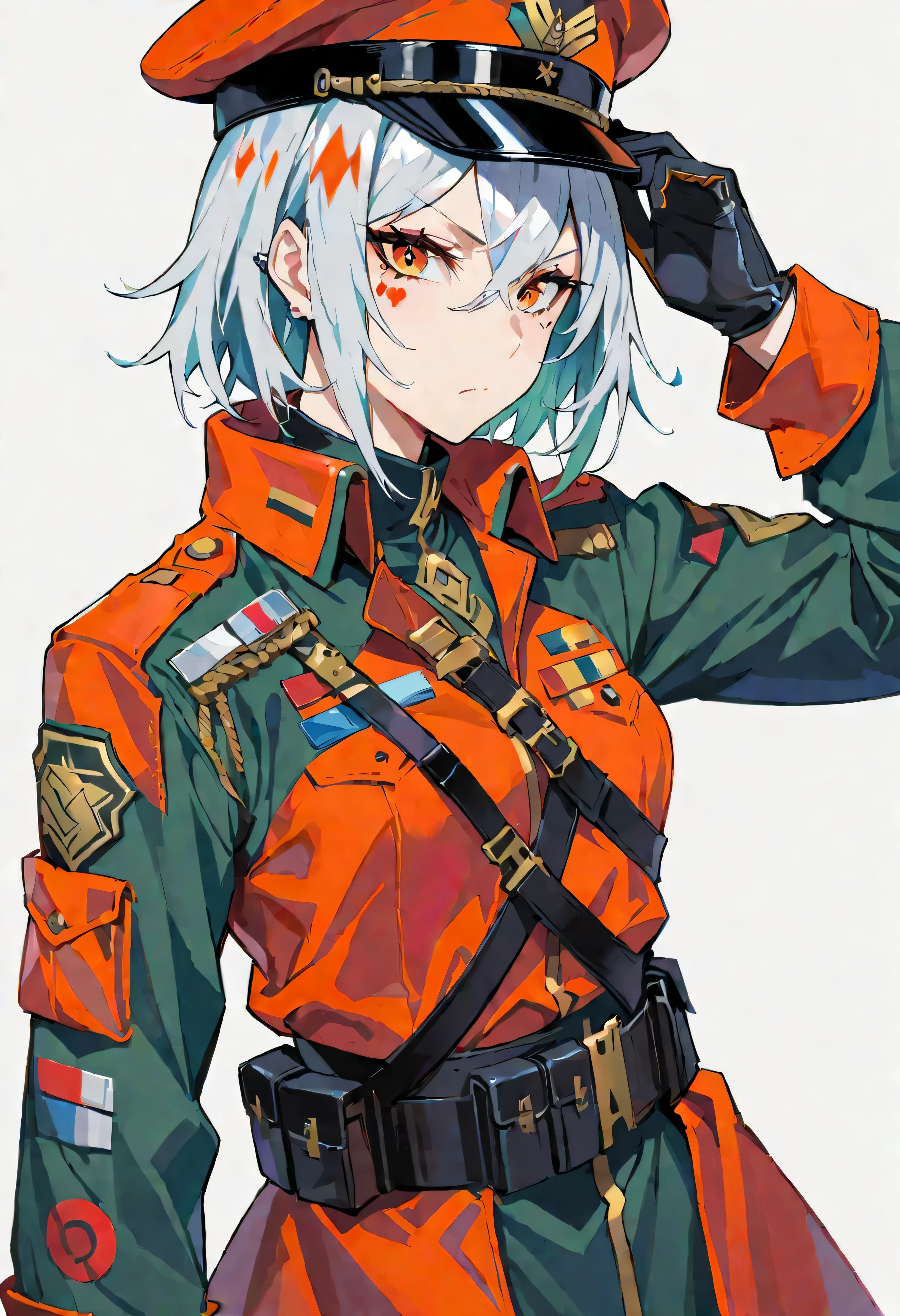army, No expression, coat, Cold-hearted, uniform, cool, silver hair, gloves, red eye, hat,((masterpiece)),4k,very detailed,