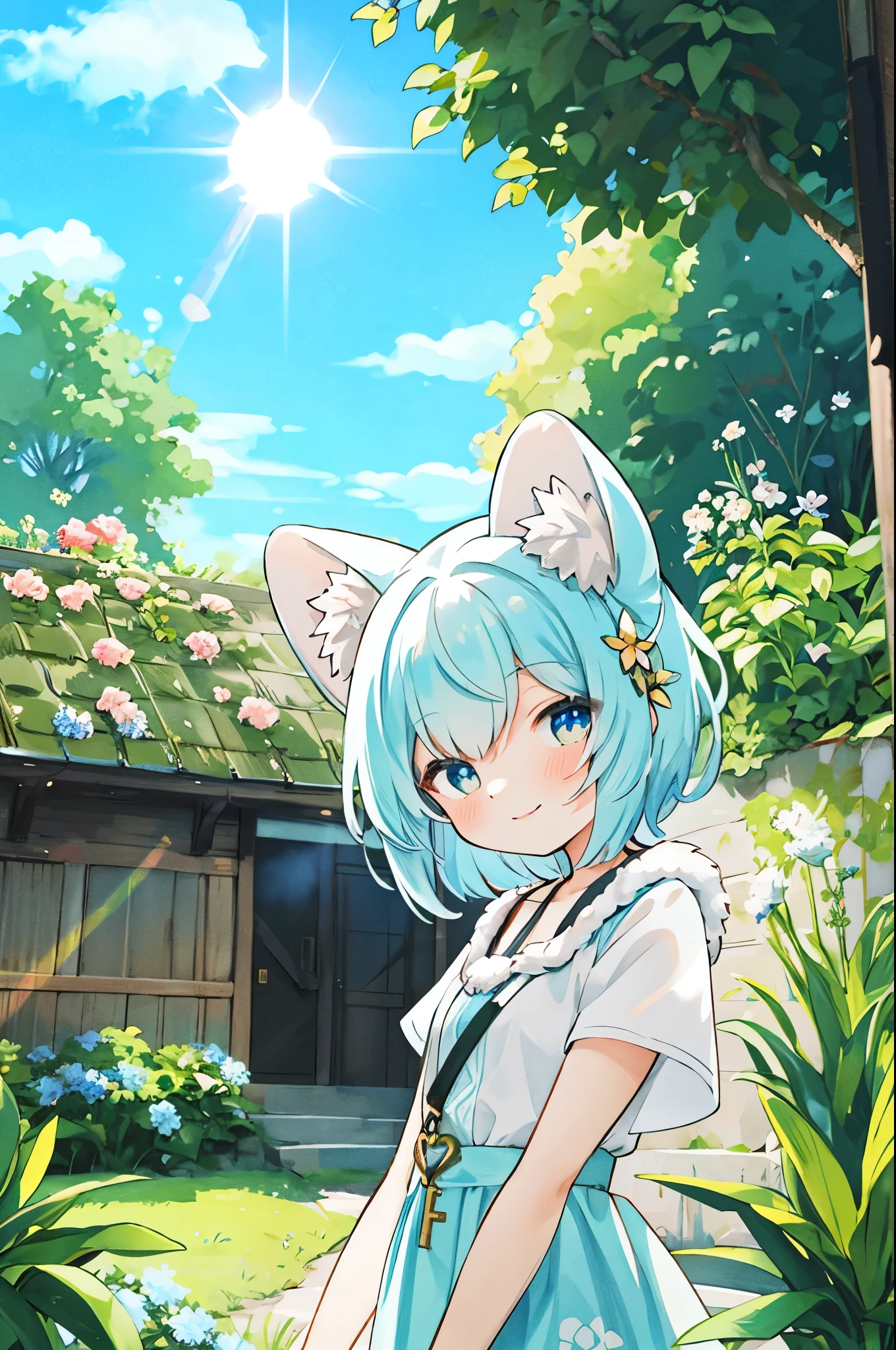 anime key visual, highres, High-quality illustrations, unparalleled masterpiece(movie of life)nature inspired imagery, romanticized views, lively illustrations, whimsical cartoonish, farm, Blue sky, clouds, florals Beautiful garden(furry anthro, solo, girl, casual fashion, Relux pose, Smile)absurdres, perfect anatomy, caustics, cinematic lighting, lens flare, deep shadow, dynamic angle,