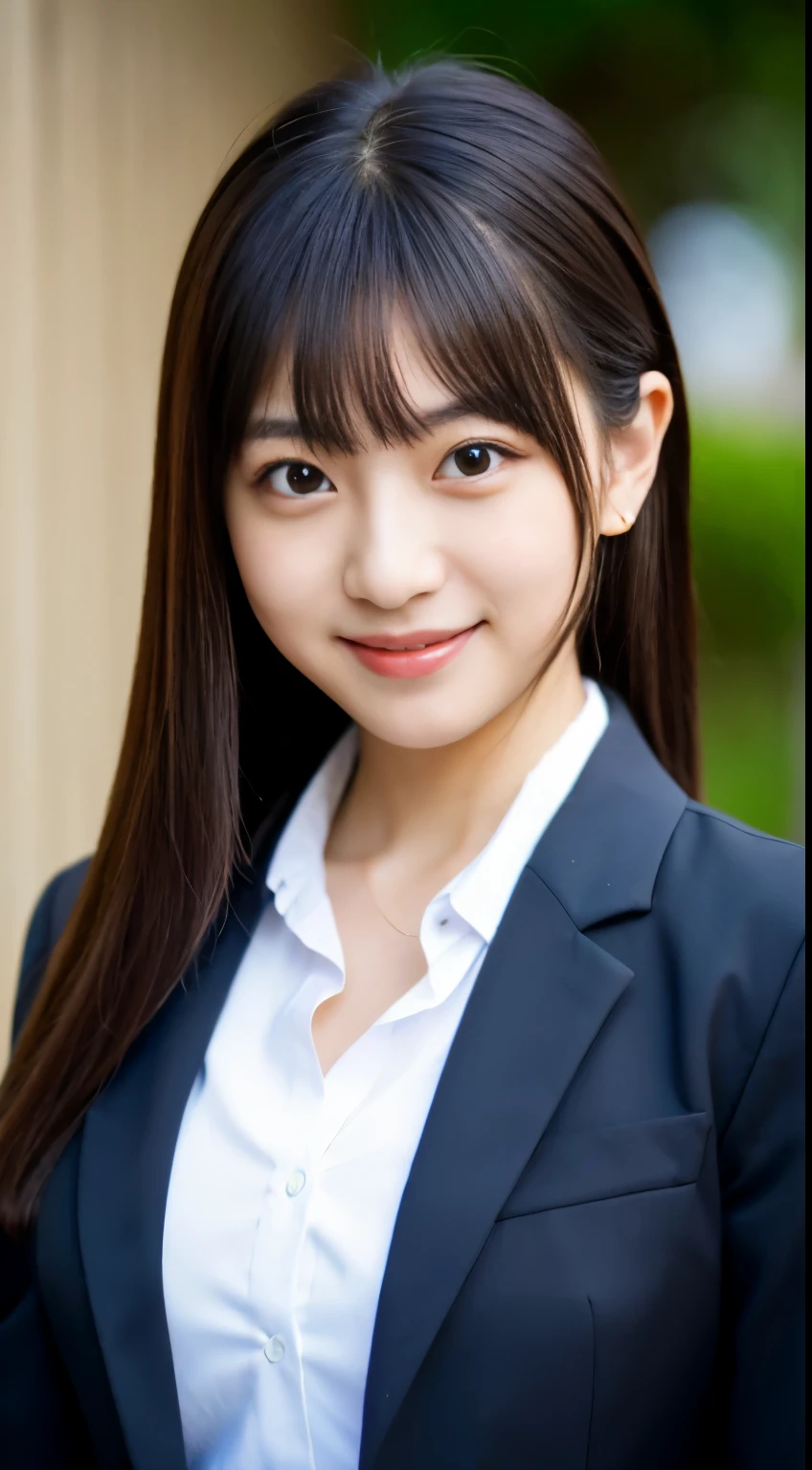 Best-quality, Masterpiece, Ultra-High-Resolution, (Photorealistic:1.4), Raw-Photo, 1girl, the most famous Japanese idol, wearing business-suit, extremely cute face like the most popular Japanese idol, extremely beautiful big-black-eyes, extremely beautiful gorgeous-hairstyle, extremely beautiful skins, looking at viewer, innocent-smile, dynamic-pose, detailed business-suit