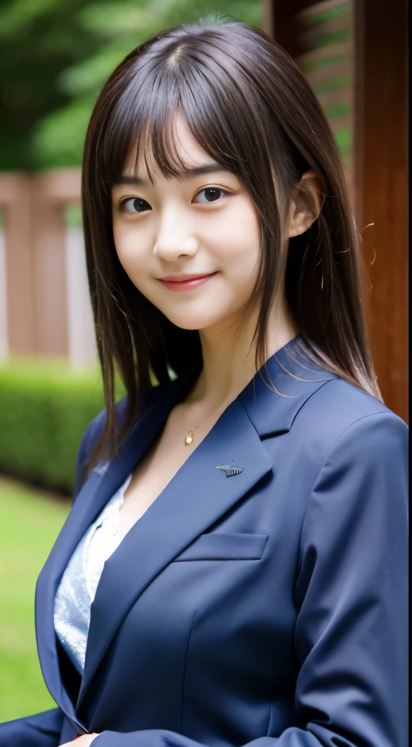 Best-quality, Masterpiece, Ultra-High-Resolution, (Photorealistic:1.4), Raw-Photo, 1girl, the most famous Japanese idol, wearing business-suit, extremely cute face like the most popular Japanese idol, extremely beautiful big-black-eyes, extremely beautiful gorgeous-hairstyle, extremely beautiful skins, looking at viewer, innocent-smile, dynamic-pose, detailed business-suit