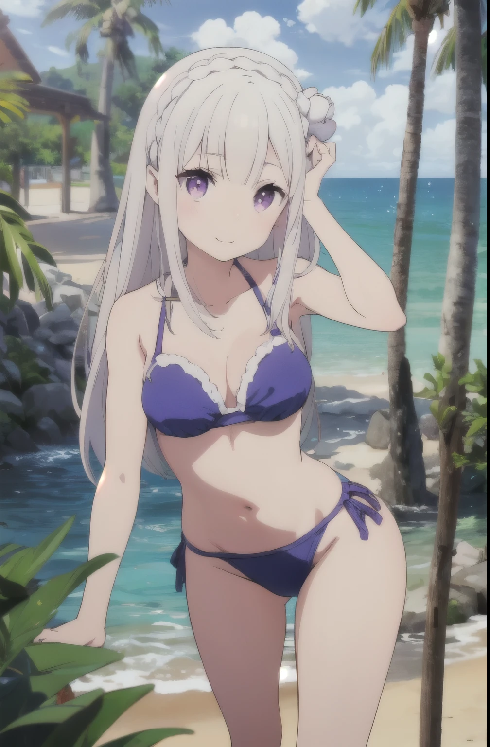 (Everlasting summer beach), (Bikini swimwear), (masterpiece, top-quality, 8K picture quality)、(Realistic), THE ULTIMATE ANIME ILLUSTRATOR:1.2, hight resolution), (look from down:1.2), (Beautiful leg lines:1, thick thight:1.1),1girl in,20yr old, detailed thigh, Lively composition、Emilia re:zero, purple eyes, Emilia, crown braid, x hair ornament, flower hair ornament, white hair, long hair, medium breasts, Toothy smile、((Lean forward and look into the camera:1.4))、stick out one ear、cowboy shot