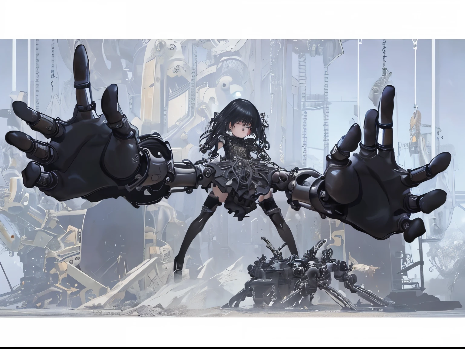 masterpiece, best quality, 1girl, girl's hands are mechanical manipulator, big hand, black hand, mechanical hand, manipulator, mechanical manipulator, girl's hands are huge, a girl standing


