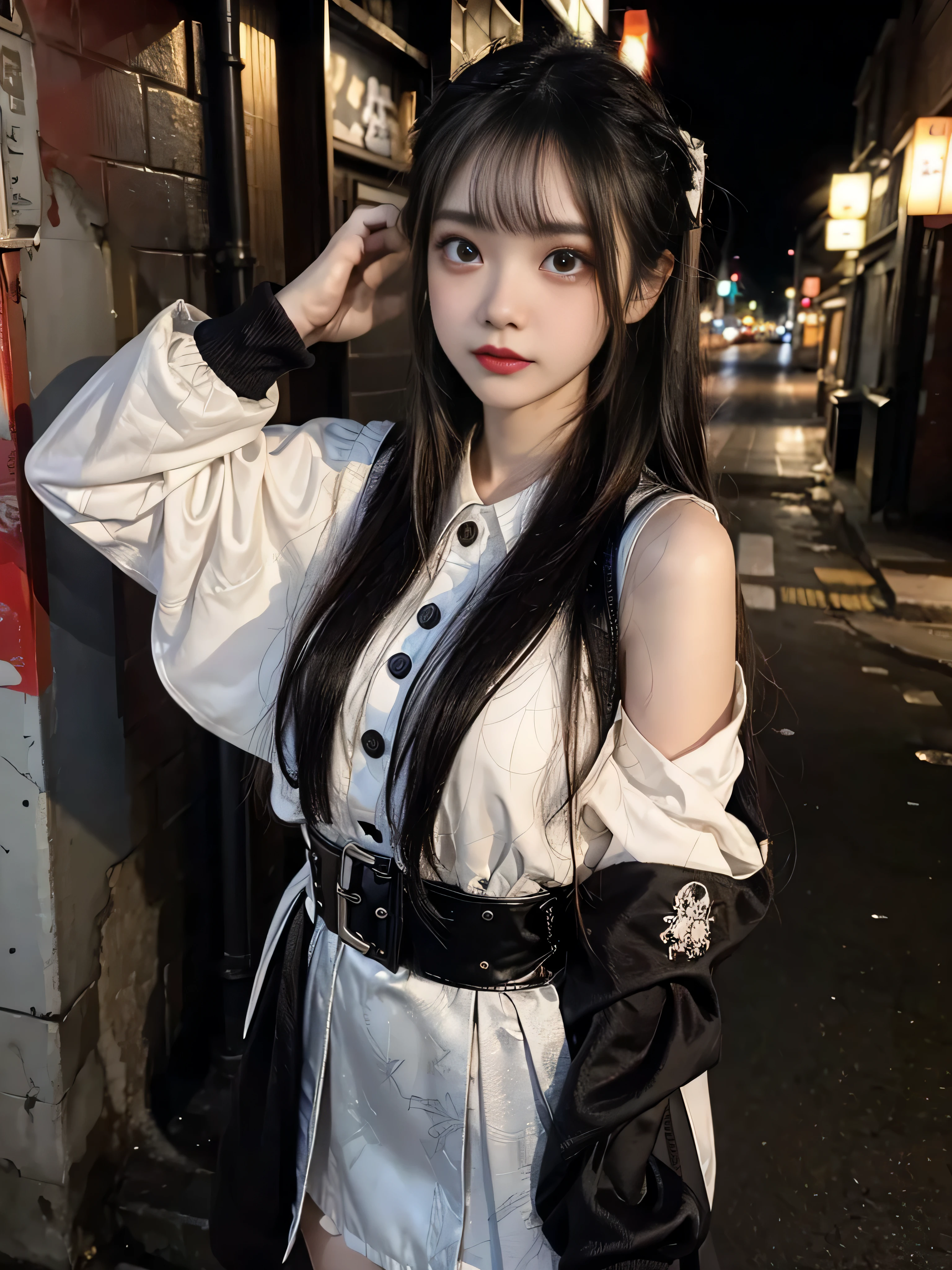 raw photo, 8k, (top-quality), Realistic, (real picture, Intricate details), (natural skin texture, detailed skin, hyper realism, sharpness), (Japanese girl standing in a dirty back alley at night, hands on head, graffitied wall:1.3), ((jirai fashion with gray and white)), (pale skin:1.2), slender body, ((blond hair, long hair, blunt bangs)), (seductive face, provocative look, Parted lips:1.3, eye shadow, eyeliner, tear bag:1.2, red lipstick), graffiti:1.5, night time, spot lighting:1.3, upper body shot