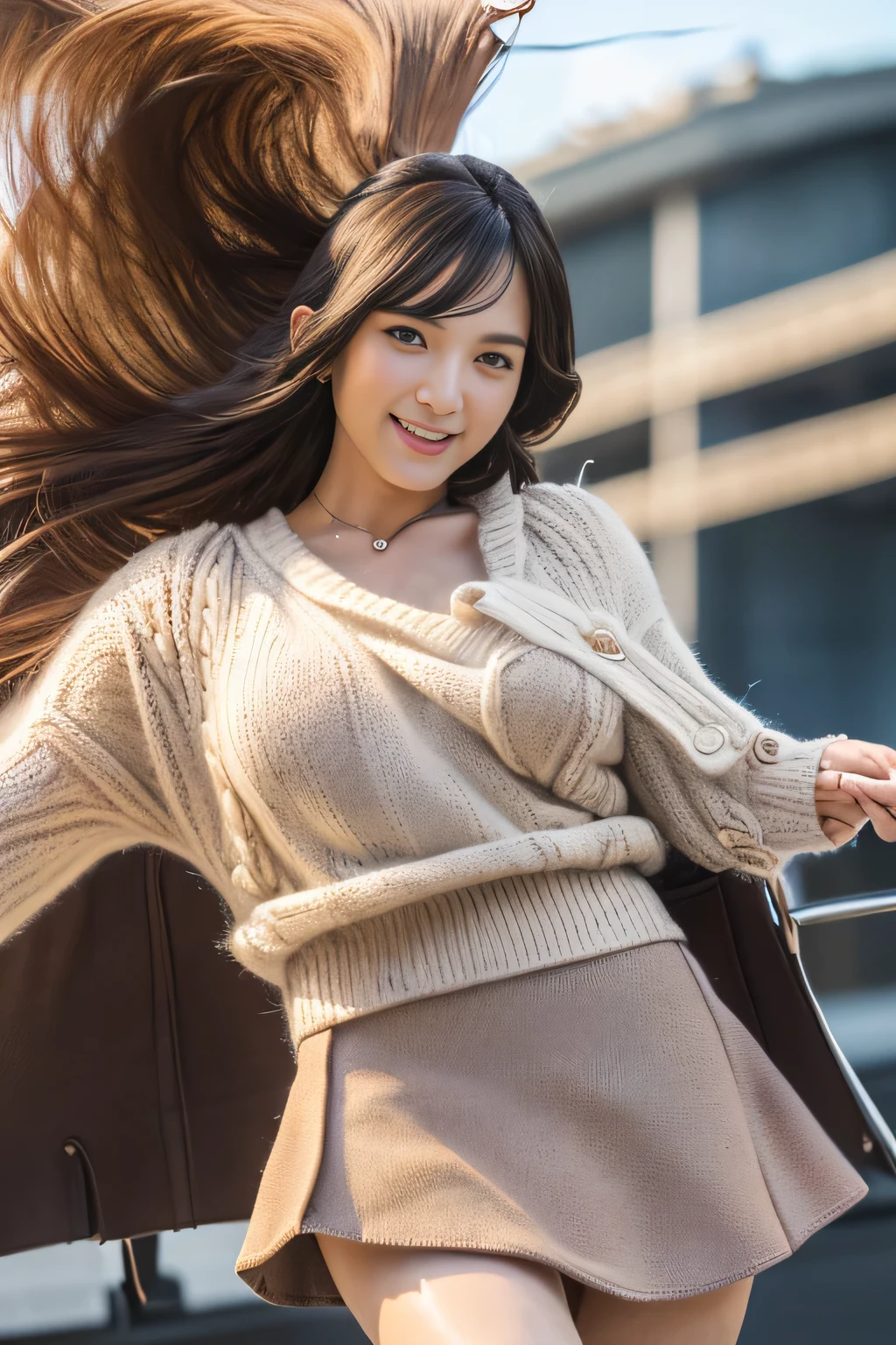 masterpiece, highest quality, Photoreal, Super detailed, finely, High resolution, 8k wallpaper, Professional, Advanced level of detail, ((20s posing cutely in the city:1.2)), slender Japanese woman,, detailed clavicle, big breasts、perfect face, (Front facing:1.2)、medium long hair, chestnut hair、(A snug-fitting sweater that emphasizes your chest:1.5)、(Mini Flared Cart:1.8)、(skirt swaying in the wind:1.8)、(Knee-high boots:1.2)、cute face、(gentle smile:1.5)、(brown skin:1.5)