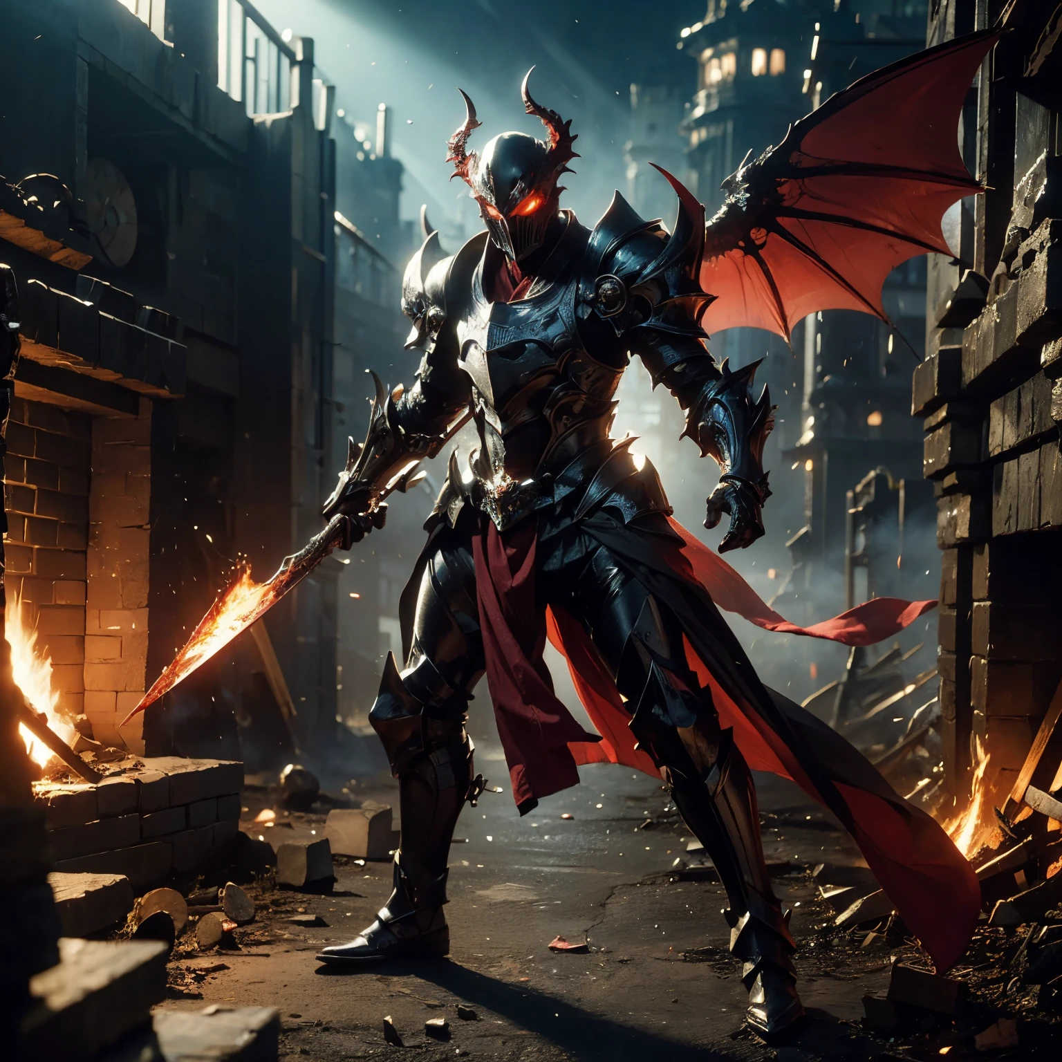 (((Realistic, masterpiece, best quality, crisp detail, high definition, high detail, very rich detail, sharp focus, sharp detail, colorful, rich color, perfect studio lightning))), ((20 years old, beautiful devil, kasumi arimura, evil gothic make up, flying, floating)),(((in the middle of war, epic war scene, attack stance))), wearing (((beautiful decorated black heavy armor, dark dragon armor, decorated full body armor, fully armored beautiful kimono, wide fire diabolos wings))), (flying, holding giant blade, blood scattered face, blood tears, blood bath, blood shed), (((fire everywhere, blood everywhere, death everywhere, japan bakumatsu period, dead bodies,carcass,burned japanese castle,hellish,chaos, inferno)) traditional village background, dark atmosphere, bloody night)