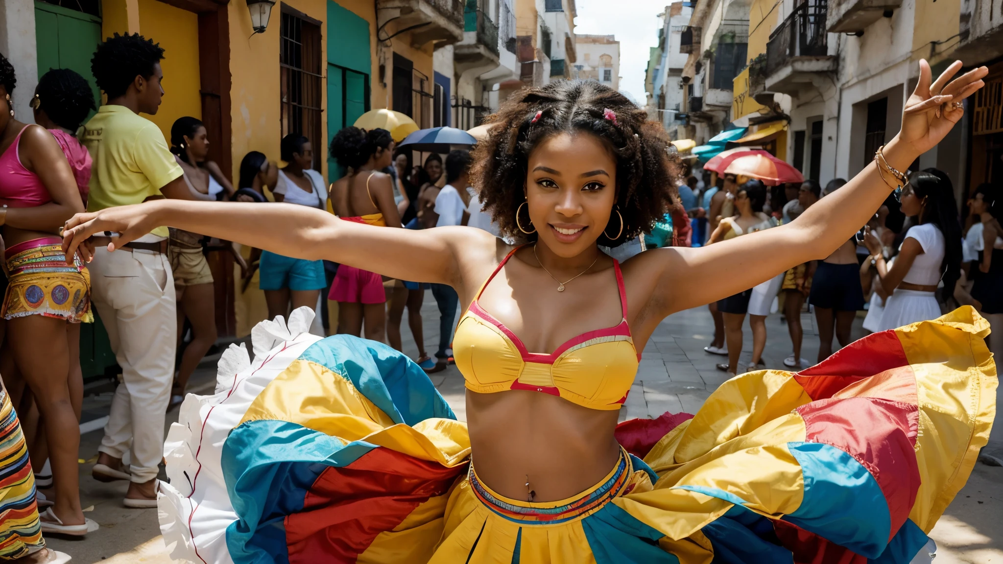 A girl in a colorful Cuban Afro Caribbean dance, lively and full of energy, with beautiful detailed eyes and lips that express joy and passion. The dance style and movements are vibrant and dynamic, showcasing the rich cultural heritage of Cuba. The girl wears a traditional outfit with vibrant colors, showcasing the traditional dresses and accessories of Afro Caribbean culture. The background is filled with the rhythm of salsa music and the vibrant atmosphere of a bustling Cuban street. The image quality is of the highest standard, with sharp focus and vivid colors that capture every detail of the girl's movements. The artwork is created using a mix of traditional illustration and modern digital techniques, resulting in a visually stunning masterpiece. The color palette is bold and vibrant, with warm tones dominating the scene, creating a lively and energetic atmosphere. The lighting is carefully designed to highlight the girl's movements, casting dramatic shadows and creating a sense of depth and dimension.