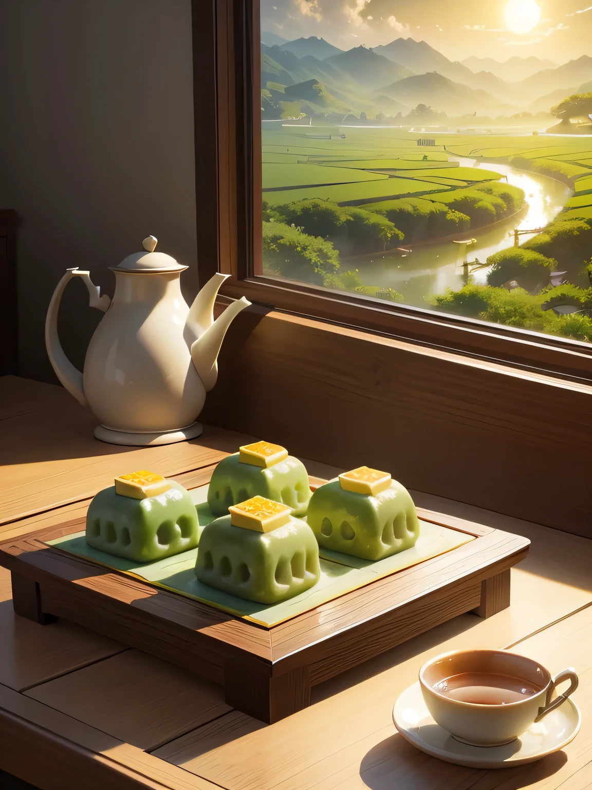 ((best quality)), ((masterpiece)), (detailed), The sun is shining brightly during Qingming Festival,Fresh style,no characters,square desktop,Green Ai Qing Dumpling,There is tea on the table,Ethereal state,landscape illustration,still life illustration