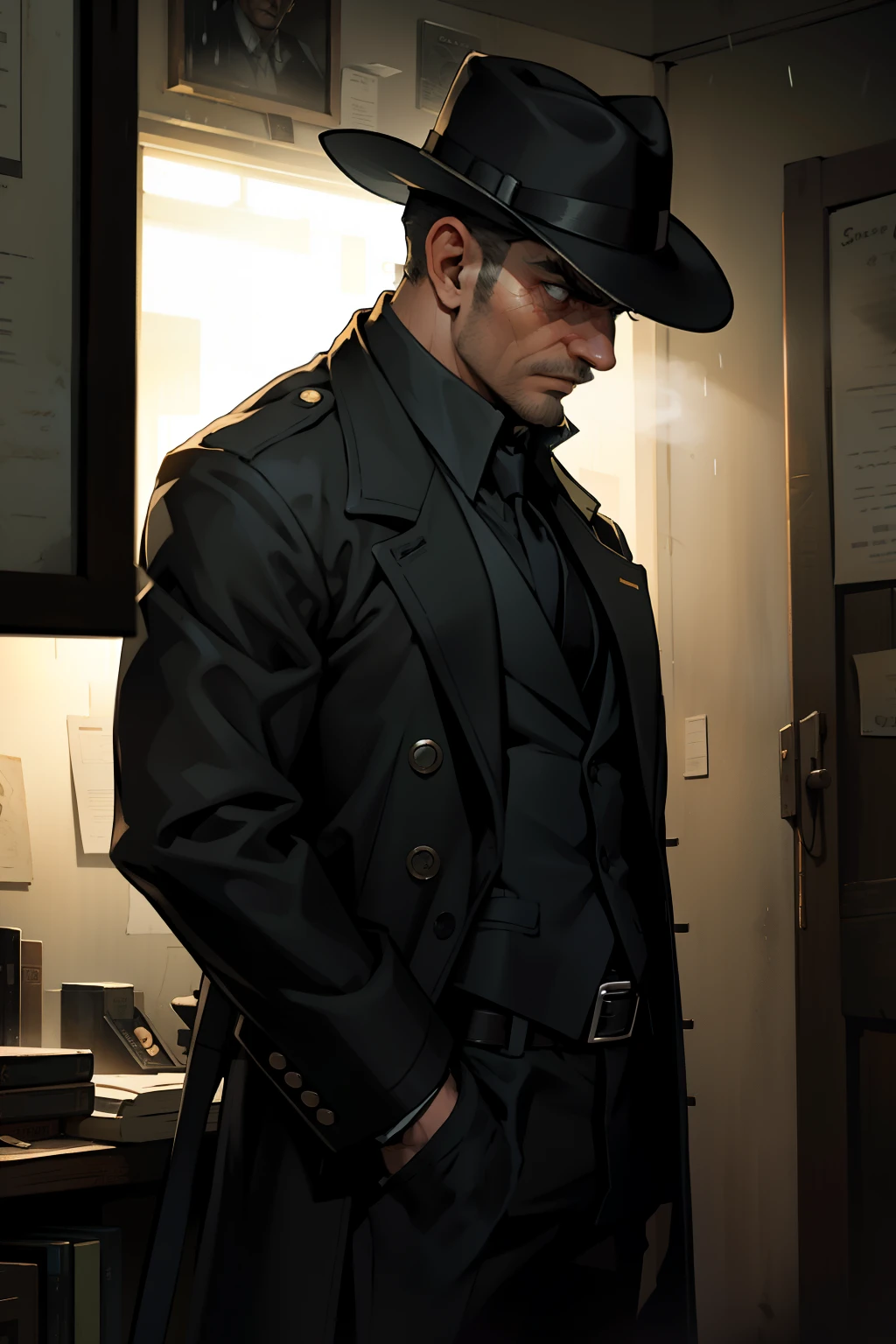 In the dimly lit detective office, a man wearing a hat casts an ominous shadow against the wall. The noir atmosphere is palpable, with the air thick with the scent of cigar smoke and the sound of rain tapping against the window. The man's hat obscures his face, but his stern and determined demeanor is evident from the set of his shoulders and the clench of his jaw. His coat, wrinkled from long hours of investigation, hangs open to reveal a holster at his side and a worn gun belt. The room is filled with the clutter of files and evidence, yet his gaze is focused and unwavering, scanning each item with metic