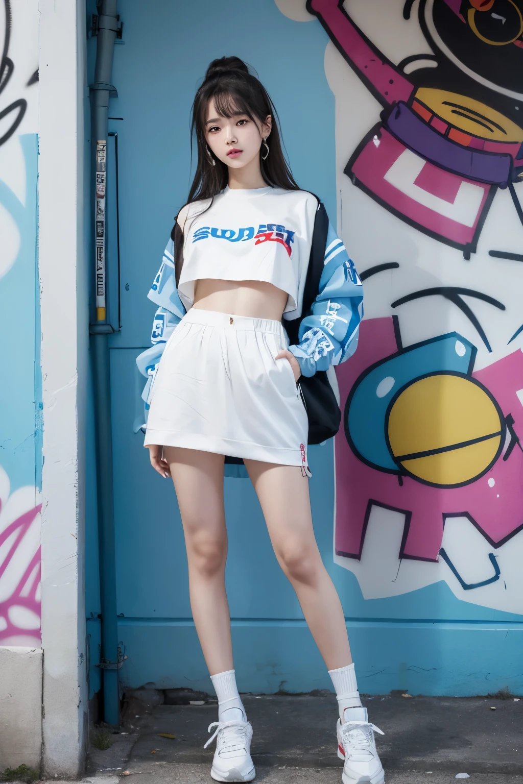 ((best quality)), ((masterpiece)), (detailed), (delicate face), perfect face, One Korean beauty in a back alley、(super detail)、(8 thousand)、((Hip Hop Fashion))、(graffiti wall)、(Full Body Sbian)、(detailed 발)、(detailed 손)、(nice face)、(standing)